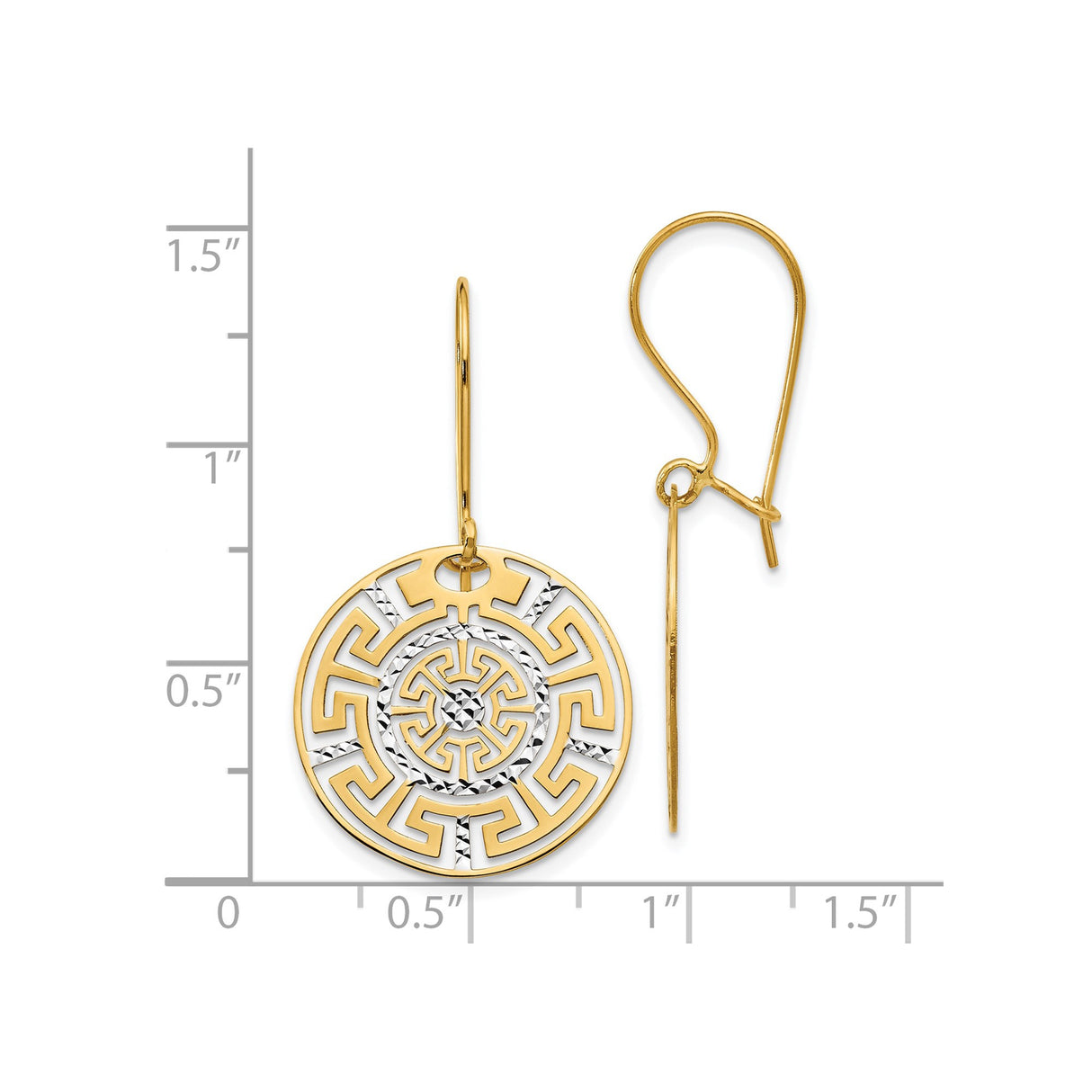 14k Yellow Gold Drop Earrings, Two-Tone Round Medallion with Greek Key and Geometric Design