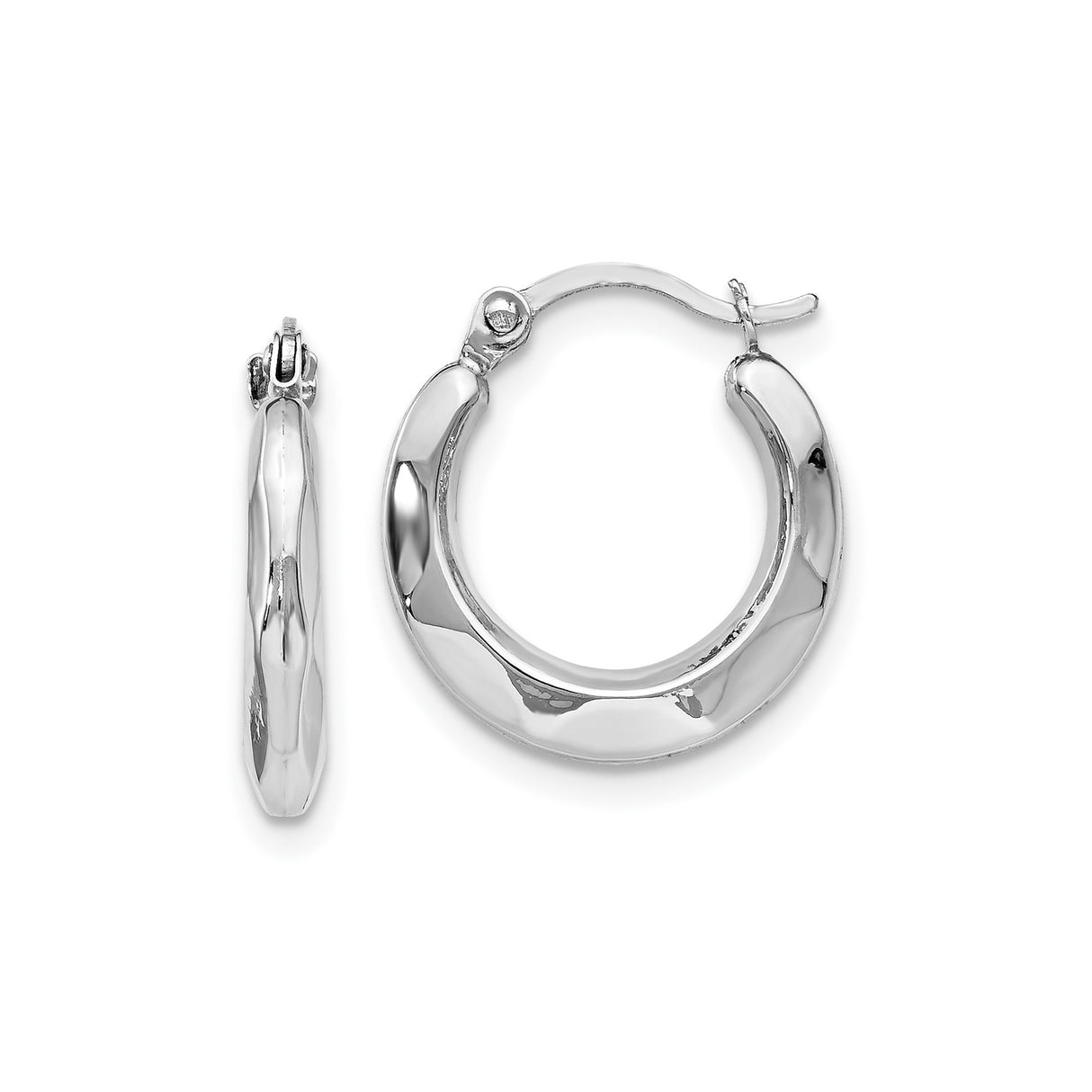 14k White Gold Hoop Earrings with High Polish Finish and Subtle Hammered Texture