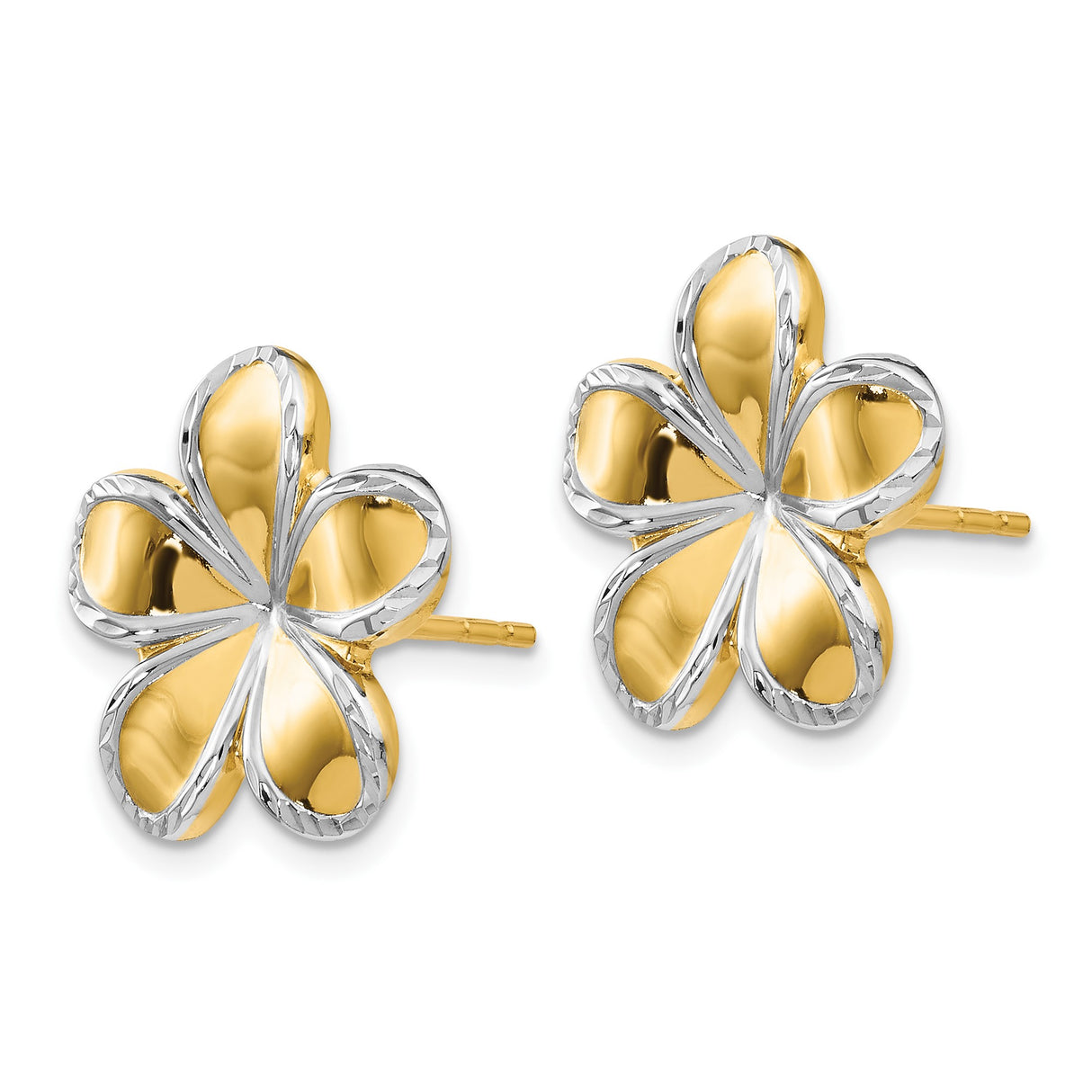 14k Yellow Gold Flower Stud Earrings with Rhodium-Plated Textured Petal Edges