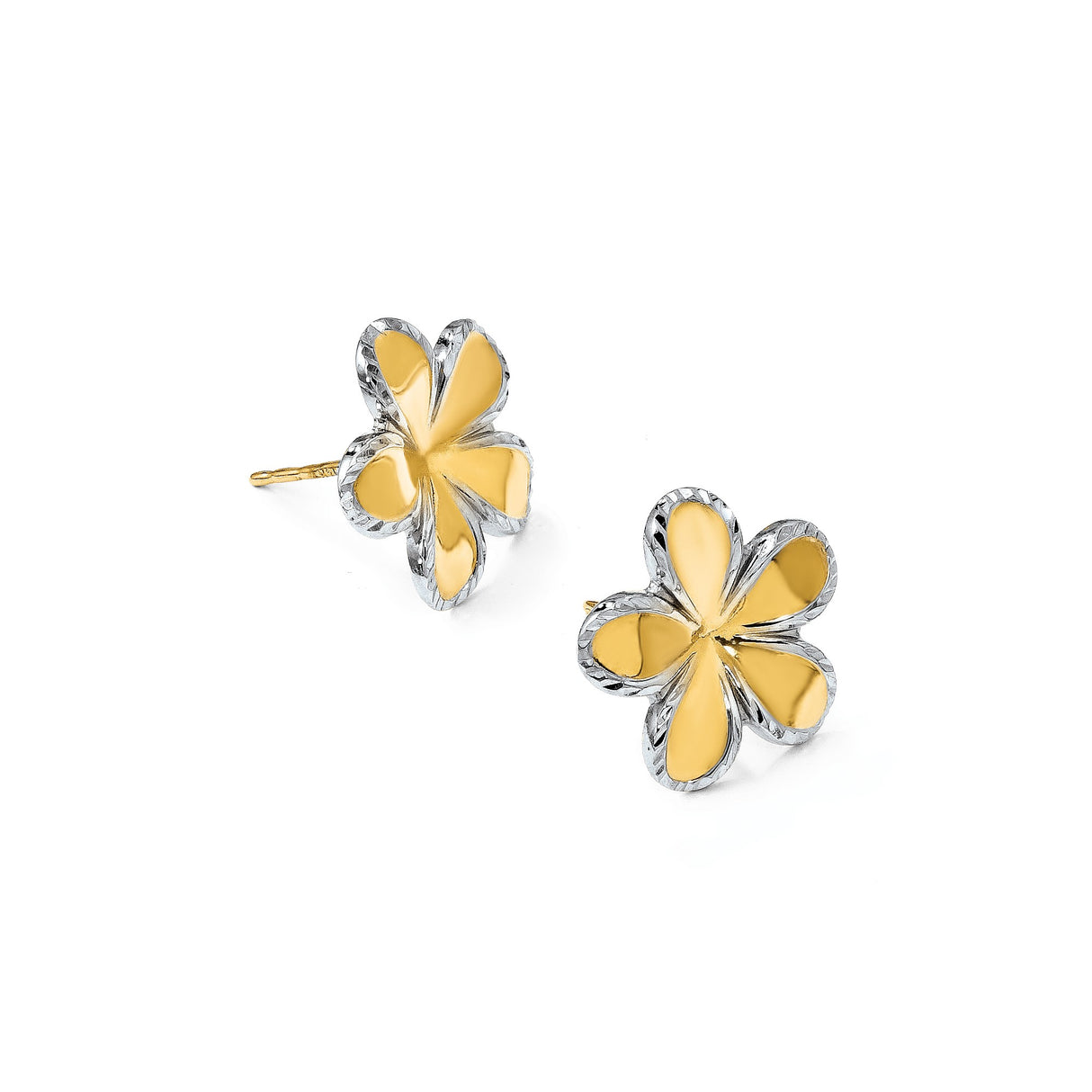 14k Yellow Gold Flower Stud Earrings with Rhodium-Plated Textured Petal Edges