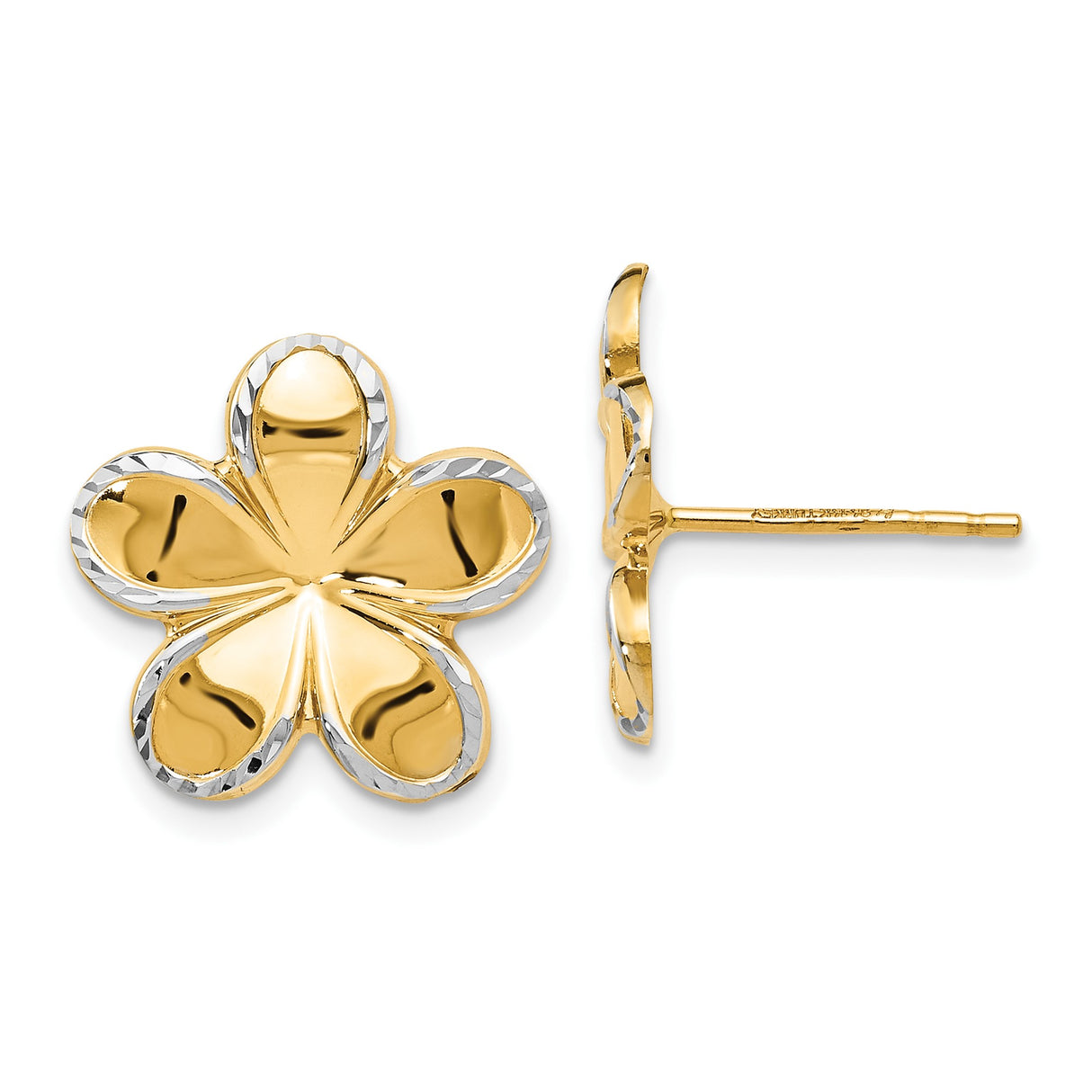 14k Yellow Gold Flower Stud Earrings with Rhodium-Plated Textured Petal Edges