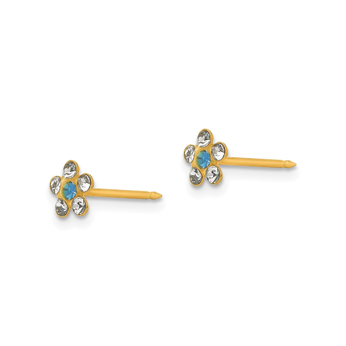 14k Yellow Gold Floral Stud Earrings with Blue Center Stone and Clear Gemstones