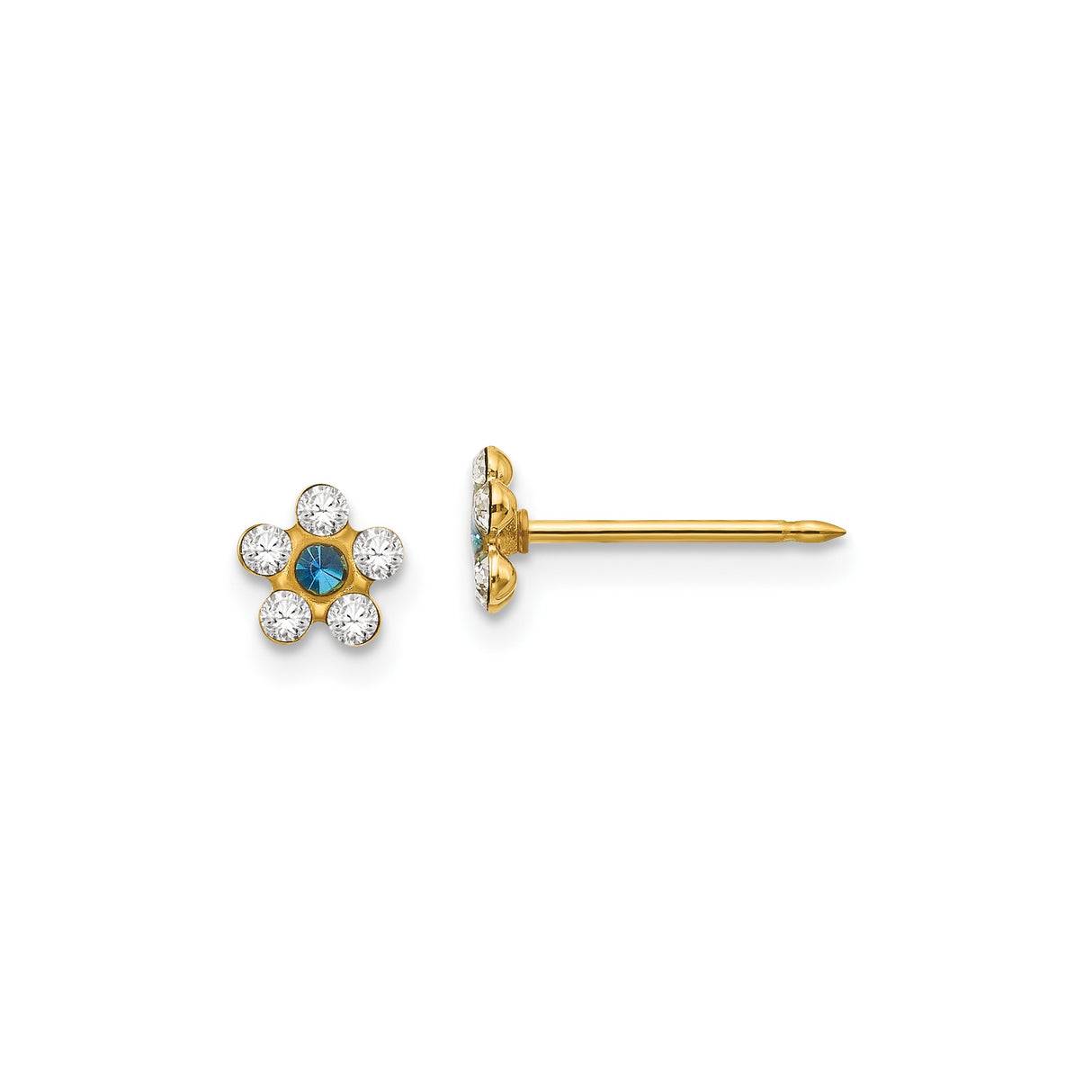 14k Yellow Gold Floral Stud Earrings with Blue Center Stone and Clear Gemstones