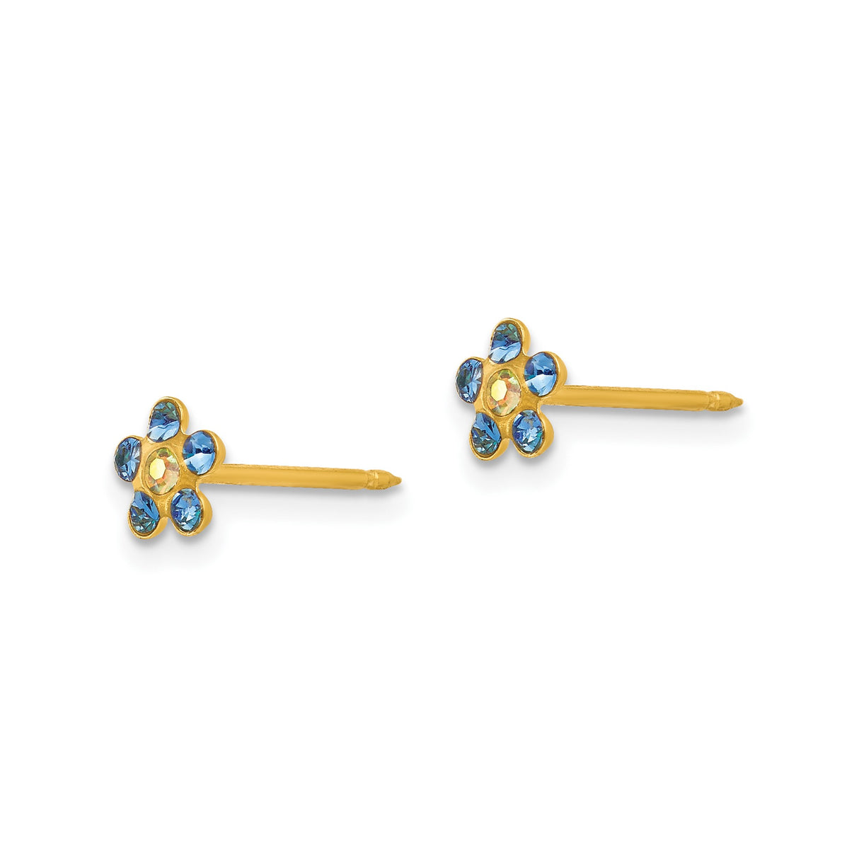 14k Yellow Gold Flower Stud Earrings with Blue and Iridescent Crystals, Dainty Floral Design