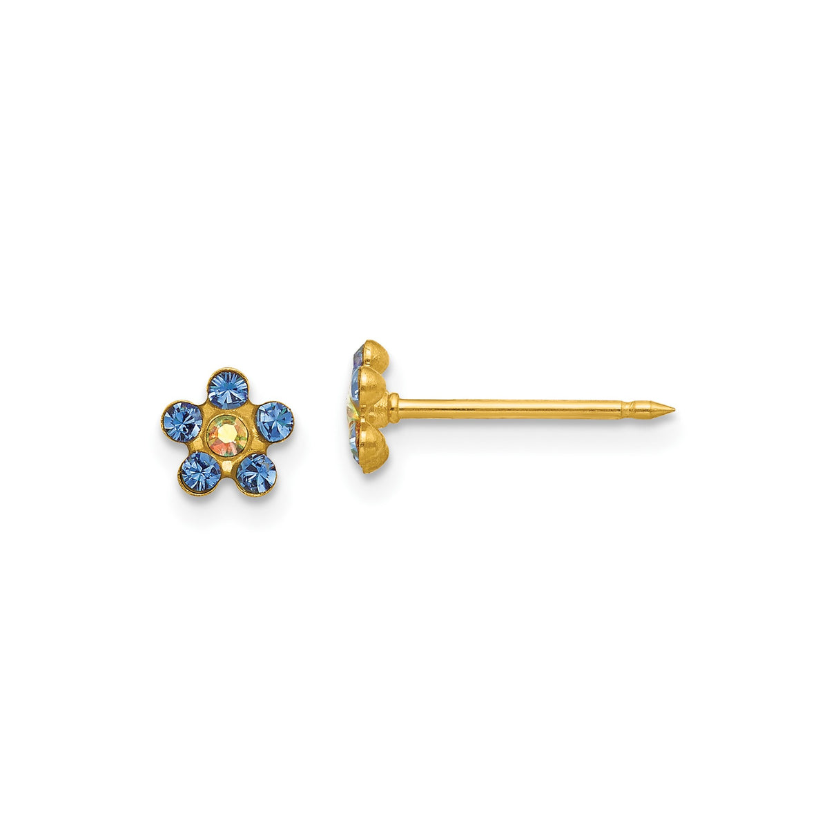 14k Yellow Gold Flower Stud Earrings with Blue and Iridescent Crystals, Dainty Floral Design