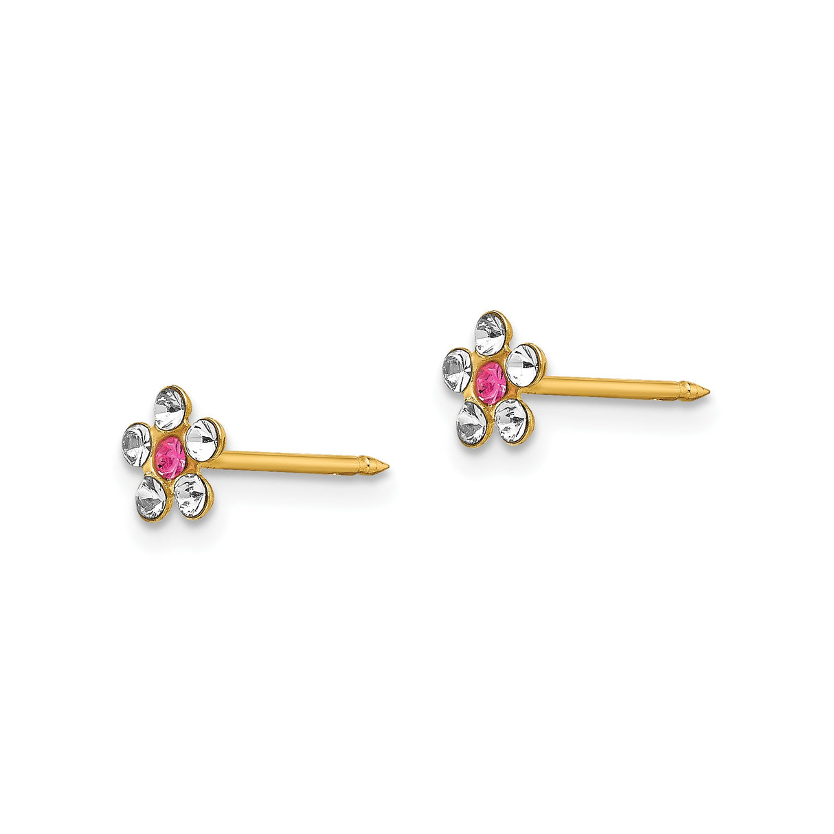 14k Yellow Gold Flower Stud Earrings with Pink Center Stone and White Crystal Accents
