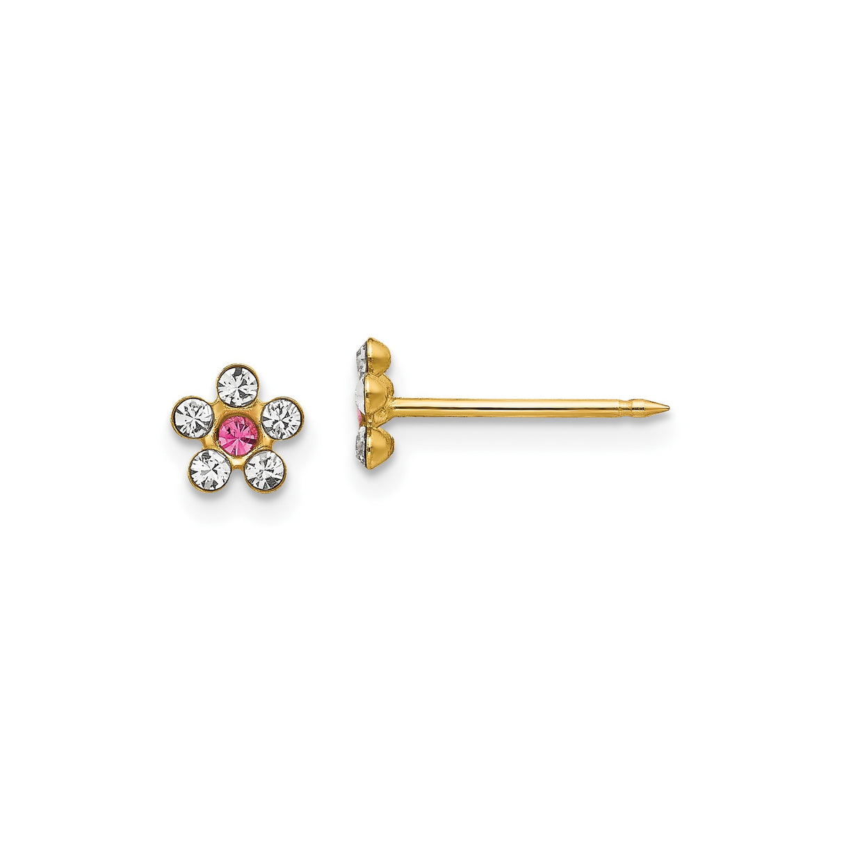 14k Yellow Gold Flower Stud Earrings with Pink Center Stone and White Crystal Accents