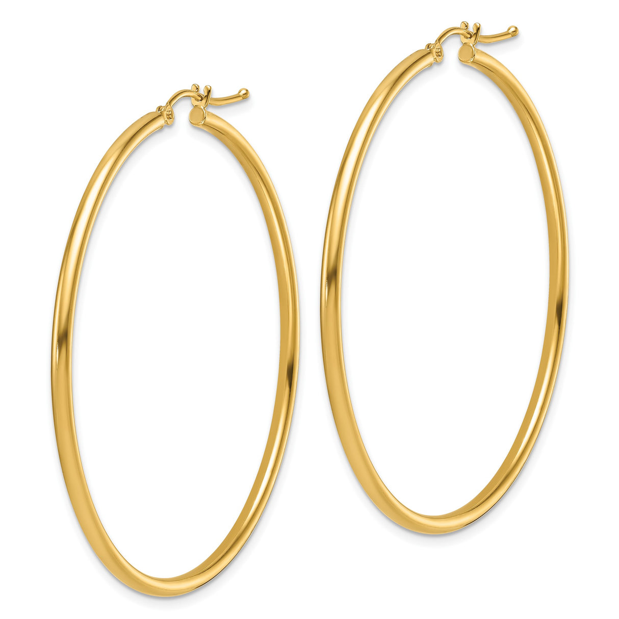 14k Yellow Gold Hoop Earrings, Large Smooth Polished Round Hoops with Latch Back Closure