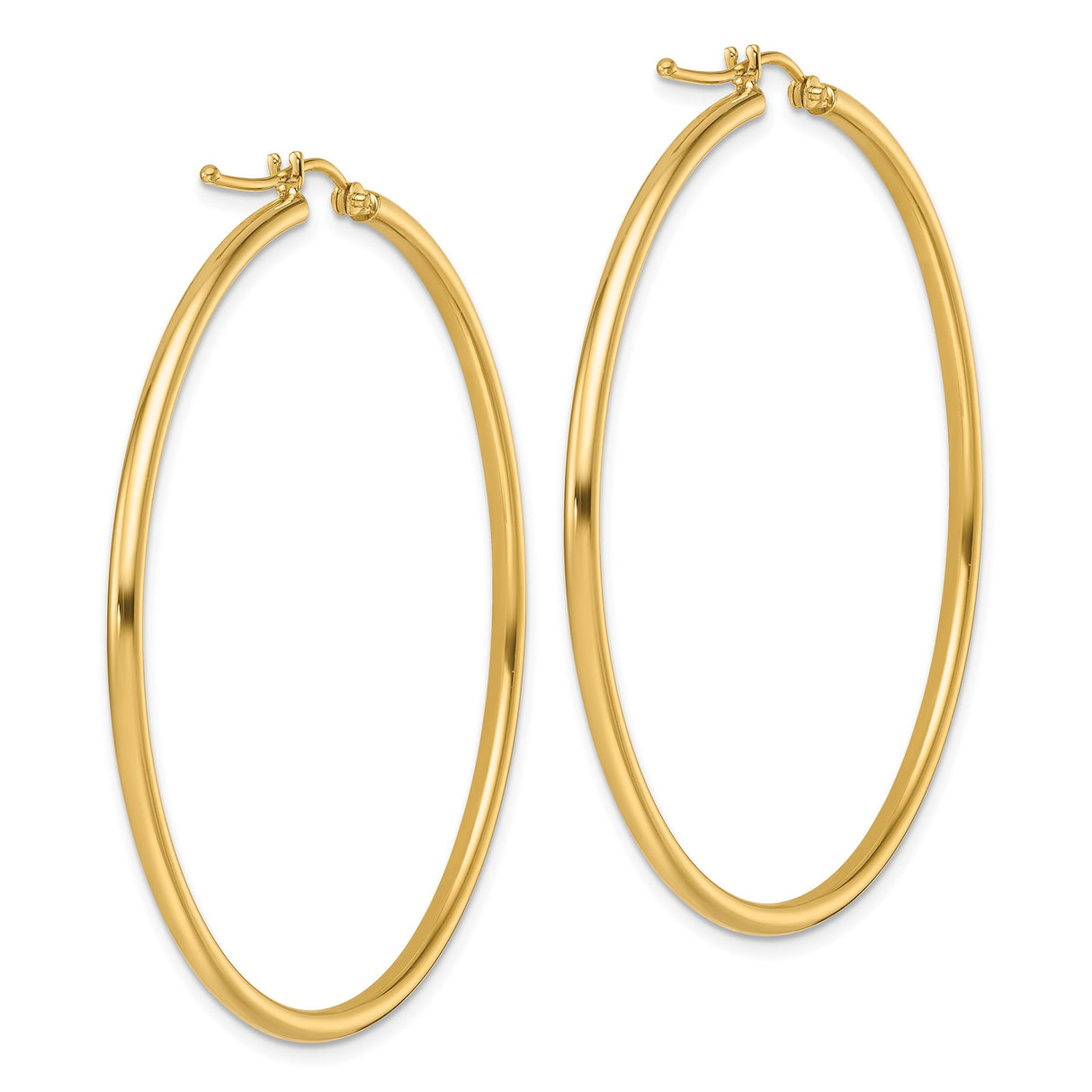 14k Yellow Gold Hoop Earrings, Large Smooth Polished Round Hoops with Latch Back Closure
