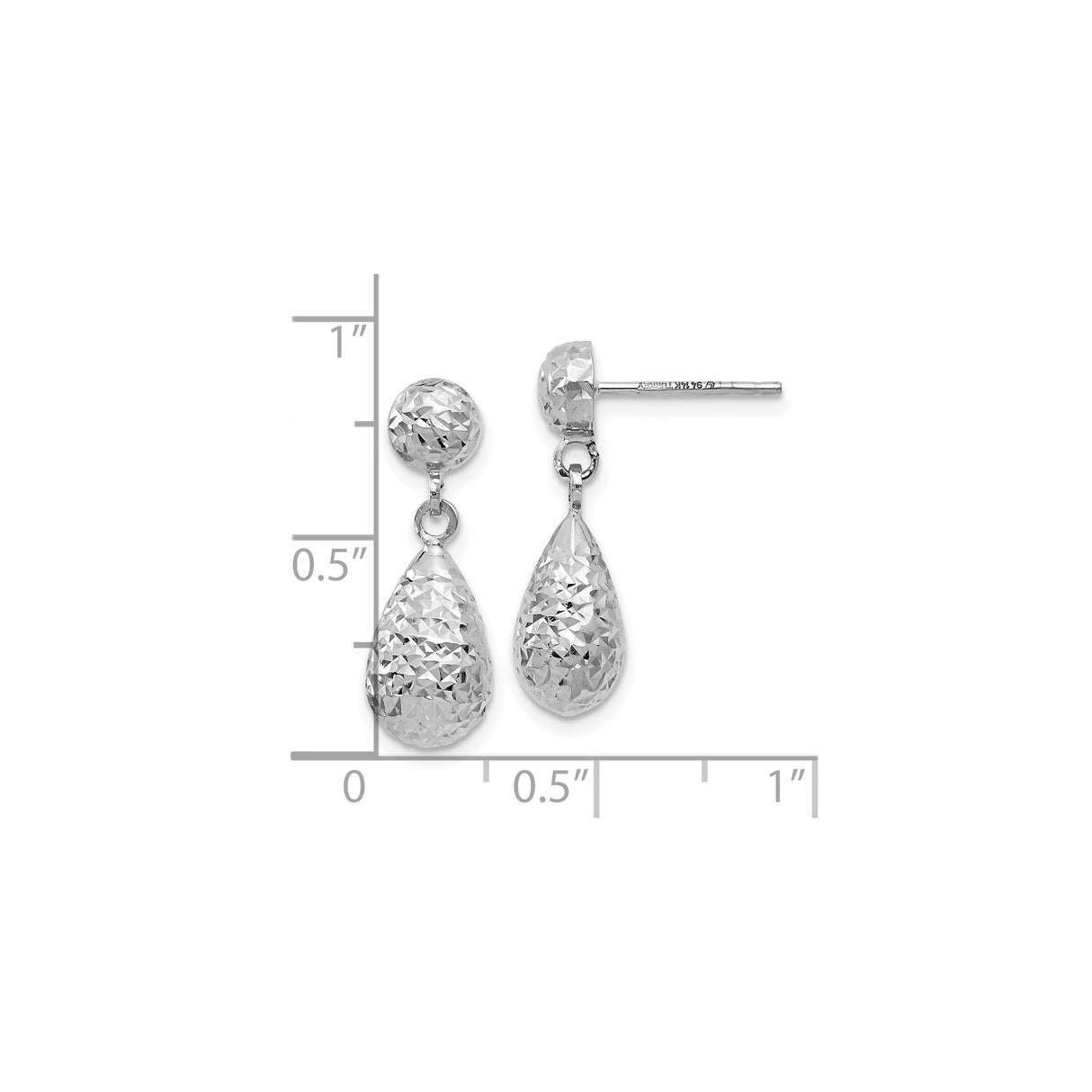 14k White Gold Dangle Earrings, Faceted Teardrop Design with High Polish Texture