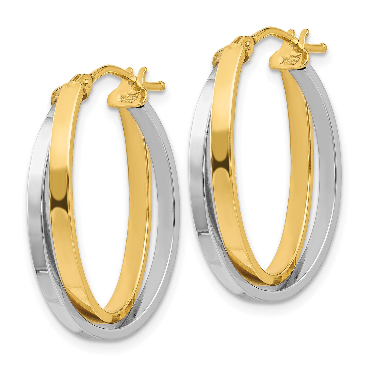 14k Yellow Gold Oval Hoop Earrings with Twisted Two-Tone Rhodium Design