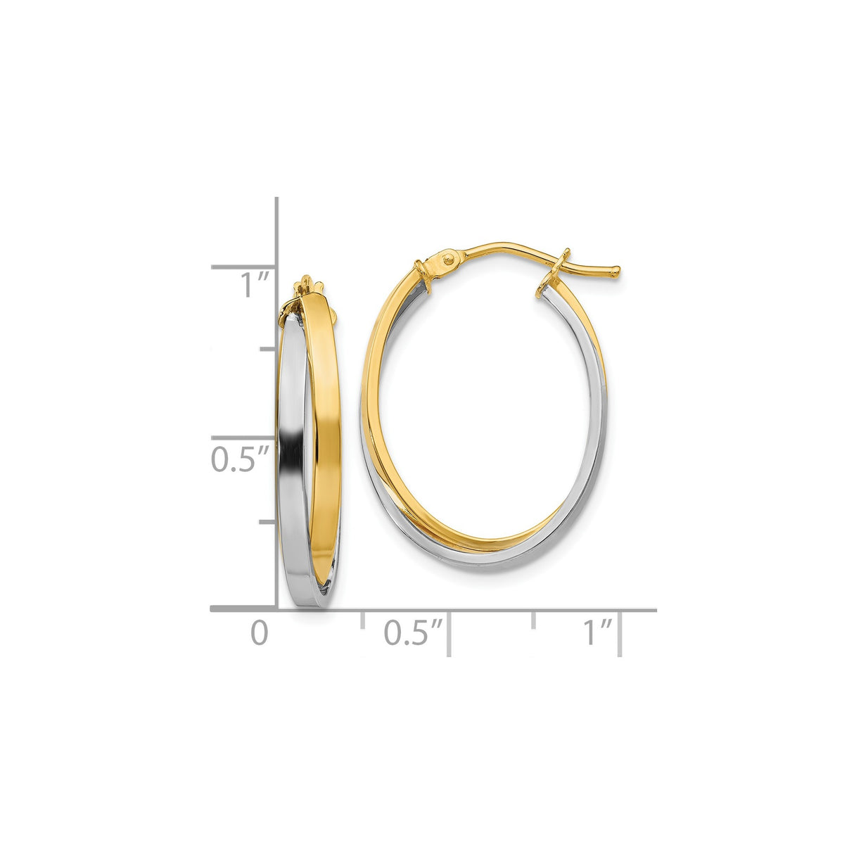 14k Yellow Gold Oval Hoop Earrings with Twisted Two-Tone Rhodium Design