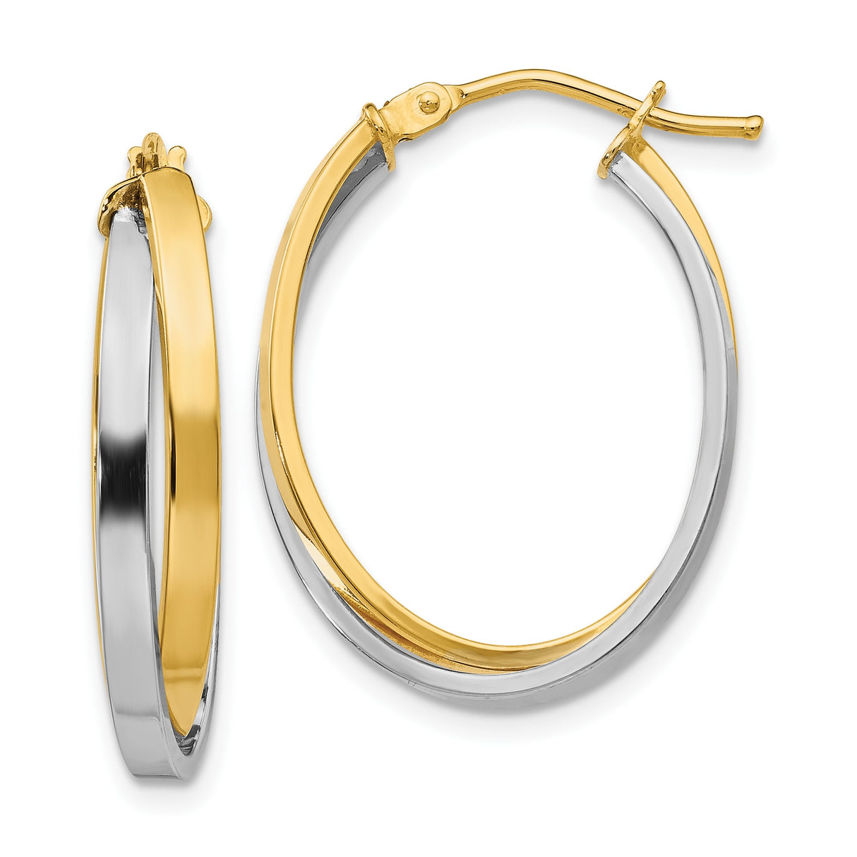 14k Yellow Gold Oval Hoop Earrings with Twisted Two-Tone Rhodium Design