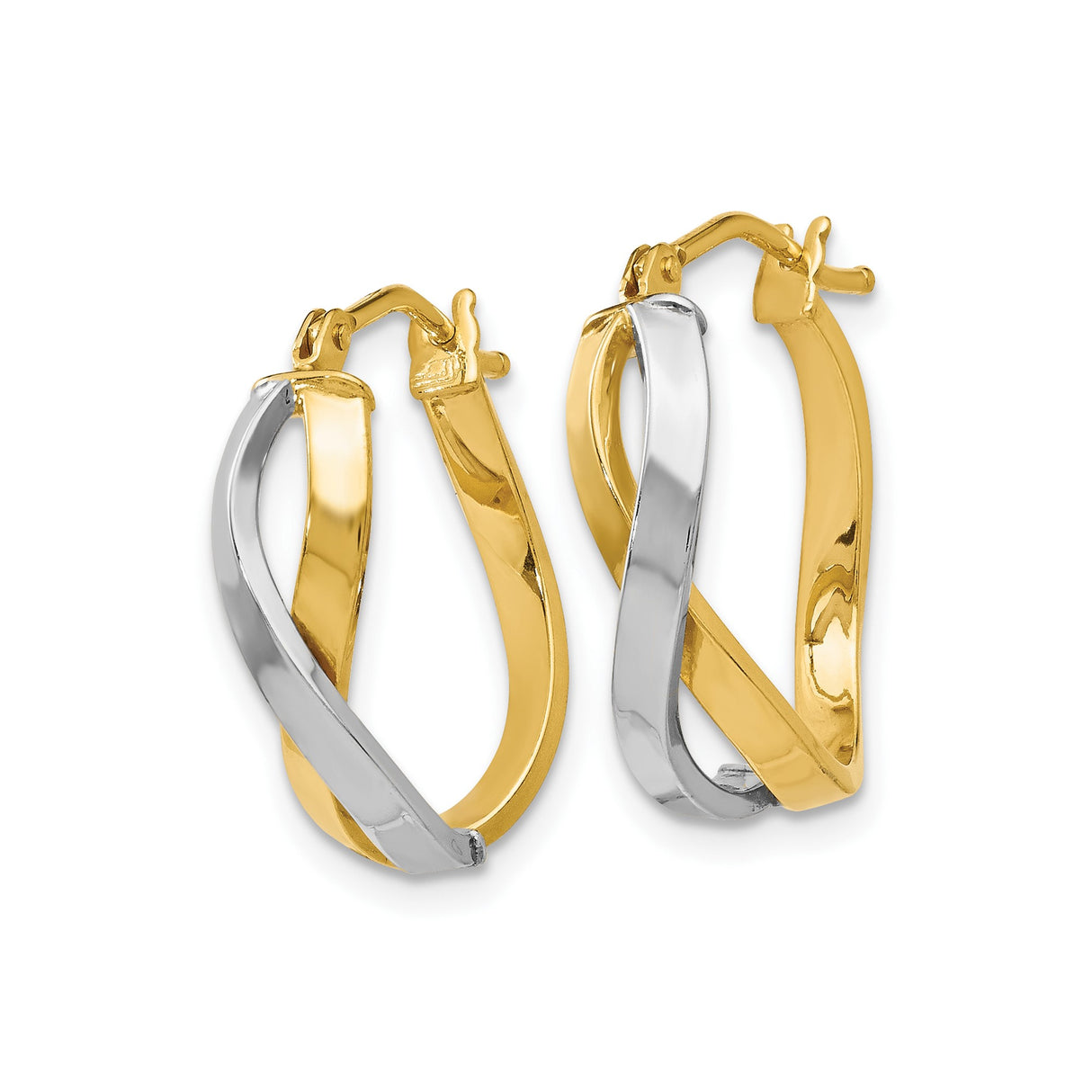 14k Yellow Gold Twisted Hoop Earrings with Rhodium Finish, Two-Tone Polished Design for Women