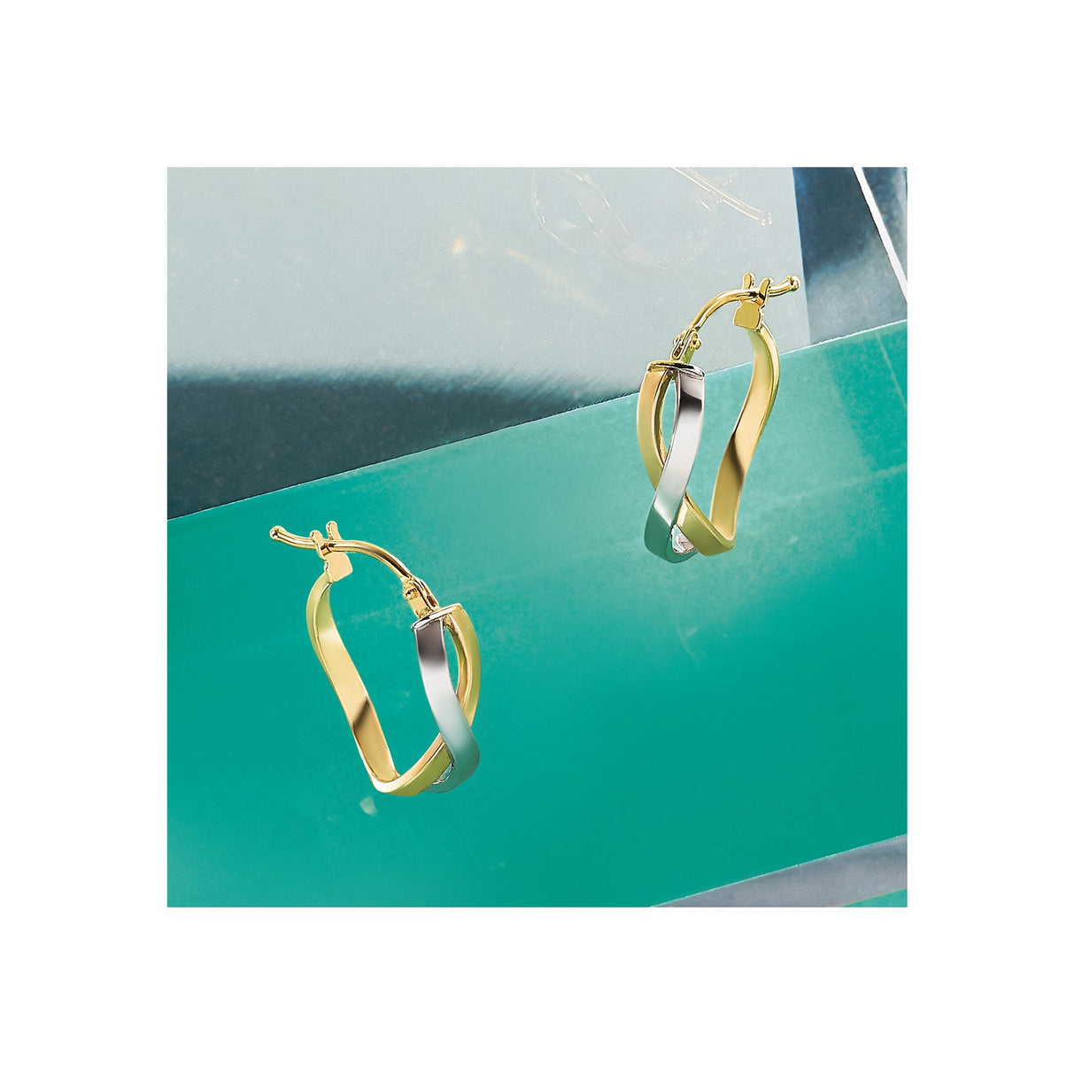 14k Yellow Gold Twisted Hoop Earrings with Rhodium Finish, Two-Tone Polished Design for Women