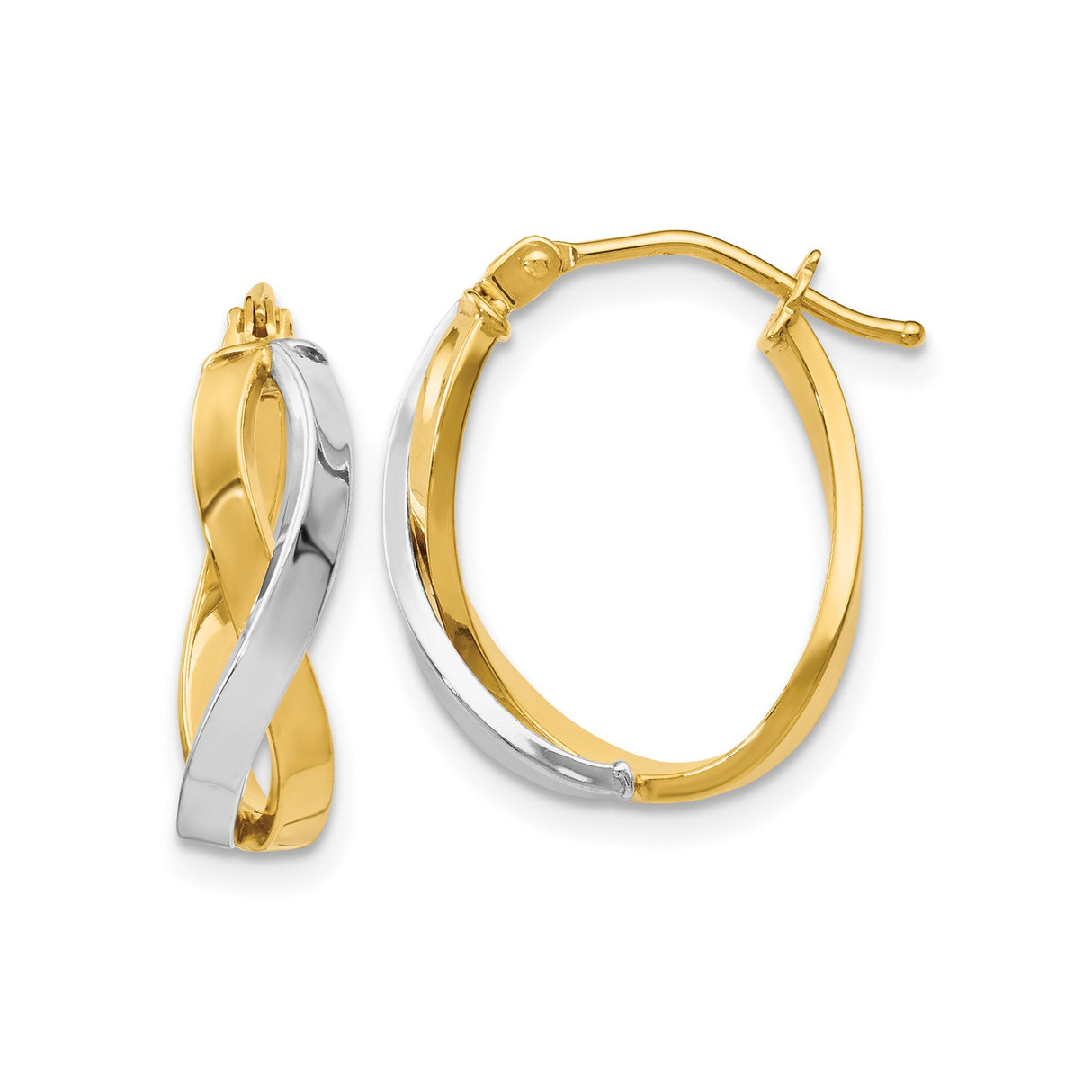 14k Yellow Gold Twisted Hoop Earrings with Rhodium Finish, Two-Tone Polished Design for Women