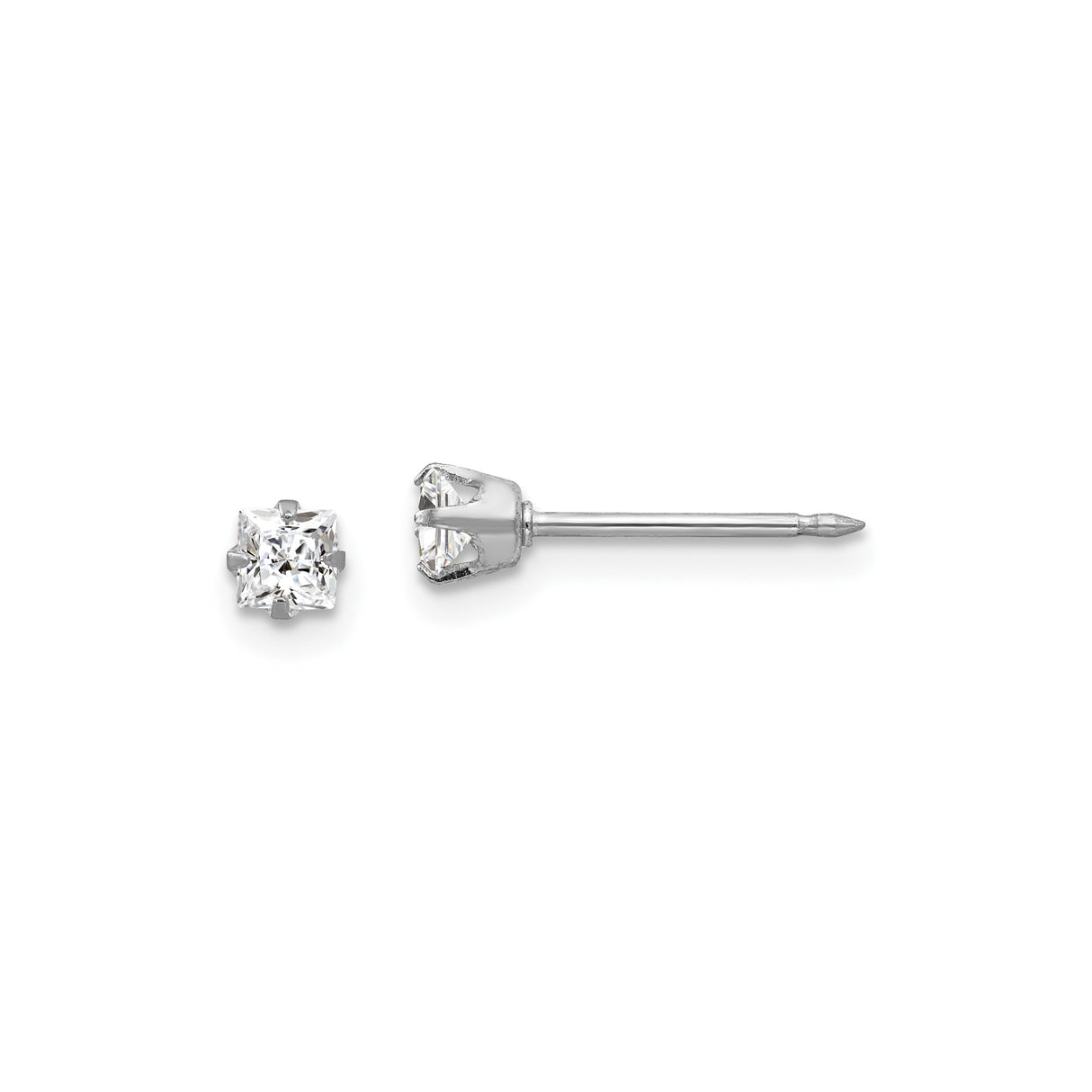 White Gold Stud Earrings with Clear Gemstone, Princess Cut, Solitaire Minimalist Design
