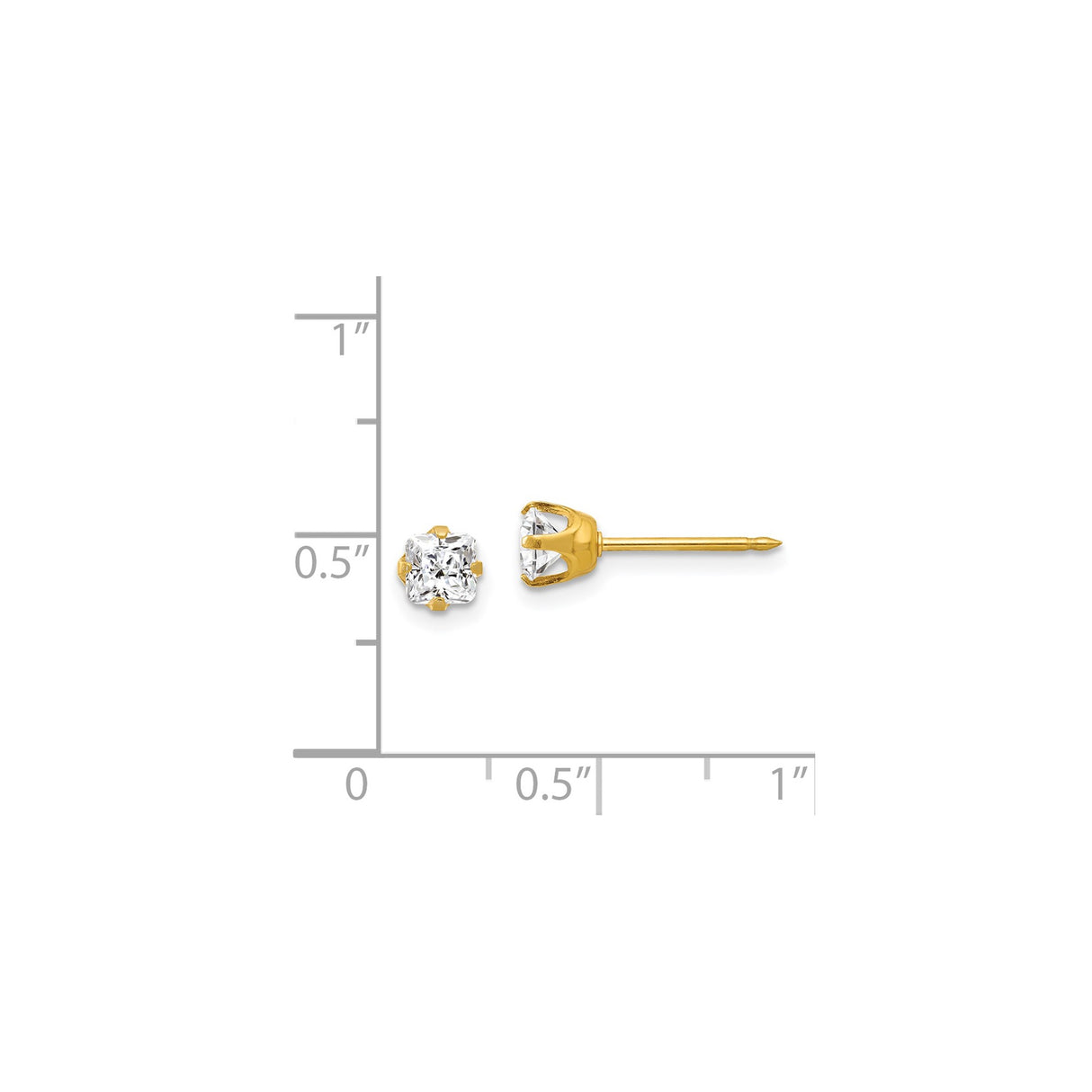 14k Yellow Gold Stud Earrings with Square Cut Cubic Zirconia, Solitaire Design
