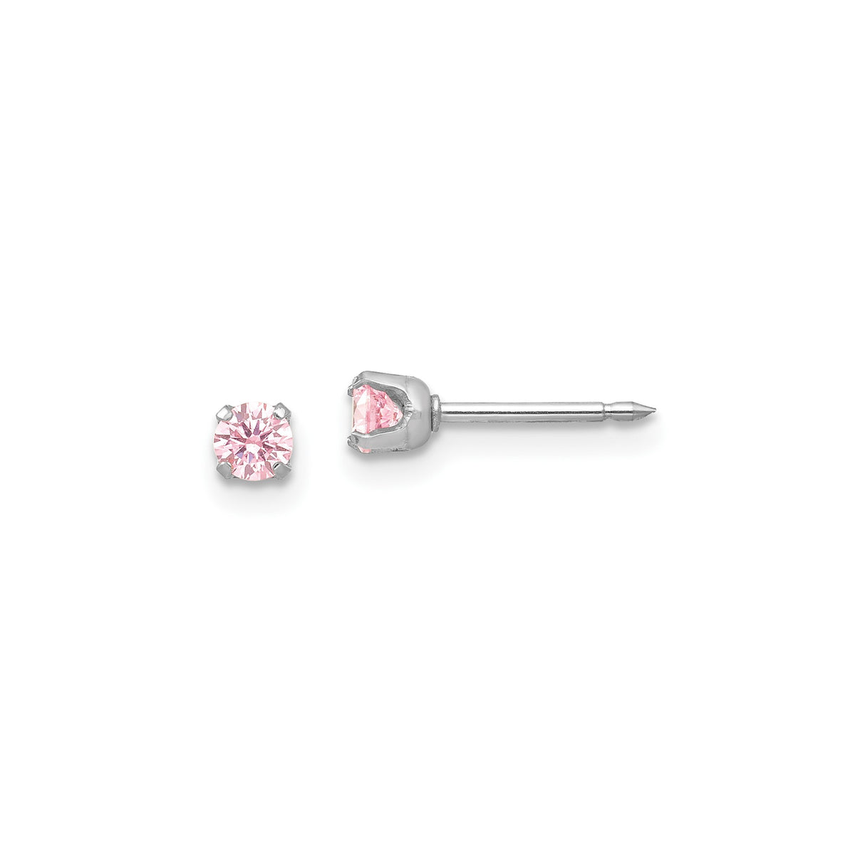 14k White Gold Stud Earrings with Round-Cut Pink Cubic Zirconia, Minimalist Birthstone Style