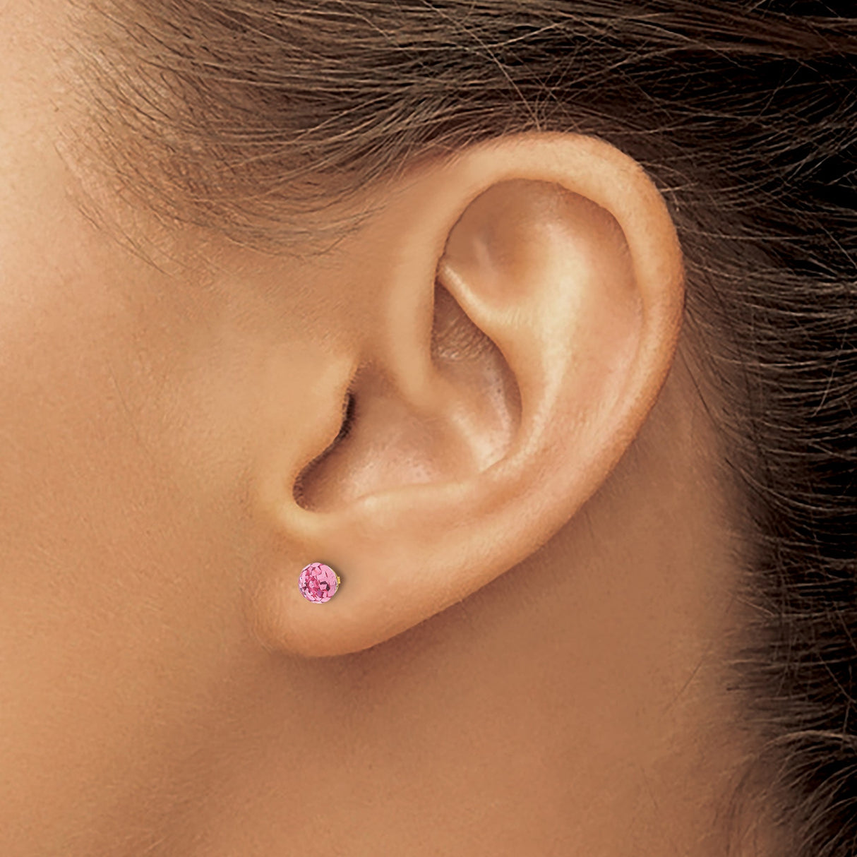 14k Yellow Gold Stud Earrings with Faceted Round Pink Crystals, Lightweight Dainty Design