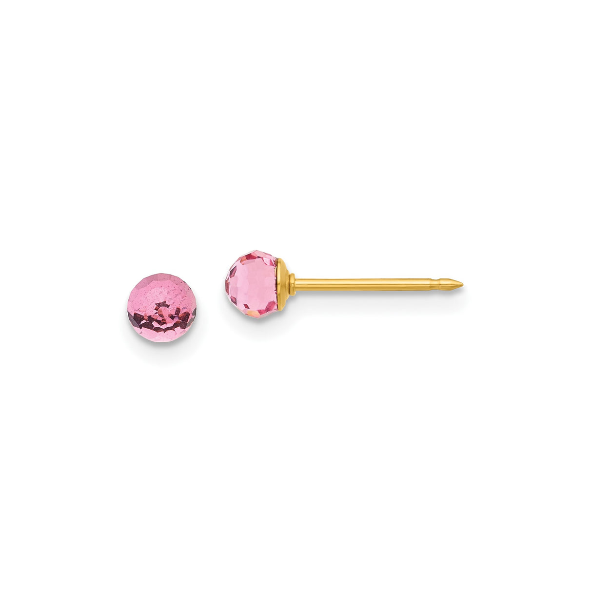 14k Yellow Gold Stud Earrings with Faceted Round Pink Crystals, Lightweight Dainty Design