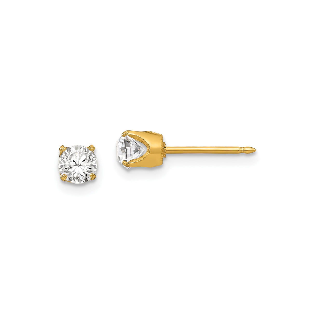 14k Gold Stud Earrings with Clear Cubic Zirconia, Round Cut, Four Prong Setting