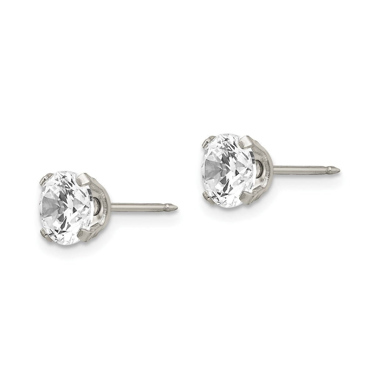 Stainless Steel Stud Earrings with 7mm Cubic Zirconia, Four Prong Setting, Unisex Minimalist Style