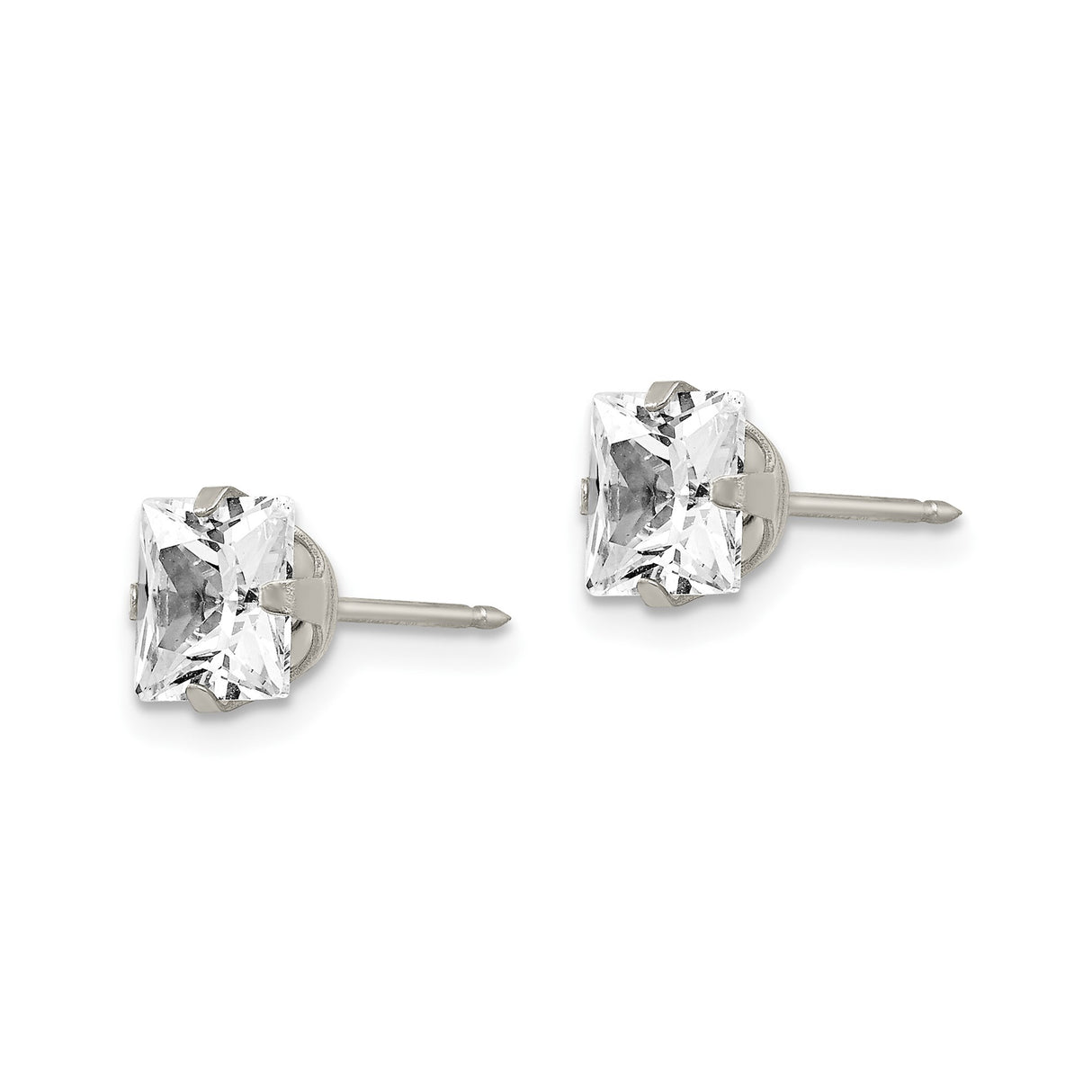 Stainless Steel Stud Earrings with Cubic Zirconia, Square Cut, Four-Prong Setting, Unisex Design