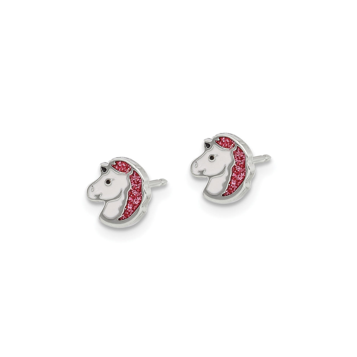 Stainless Steel Unicorn Stud Earrings with White Enamel and Glitter Pink Mane for Girls