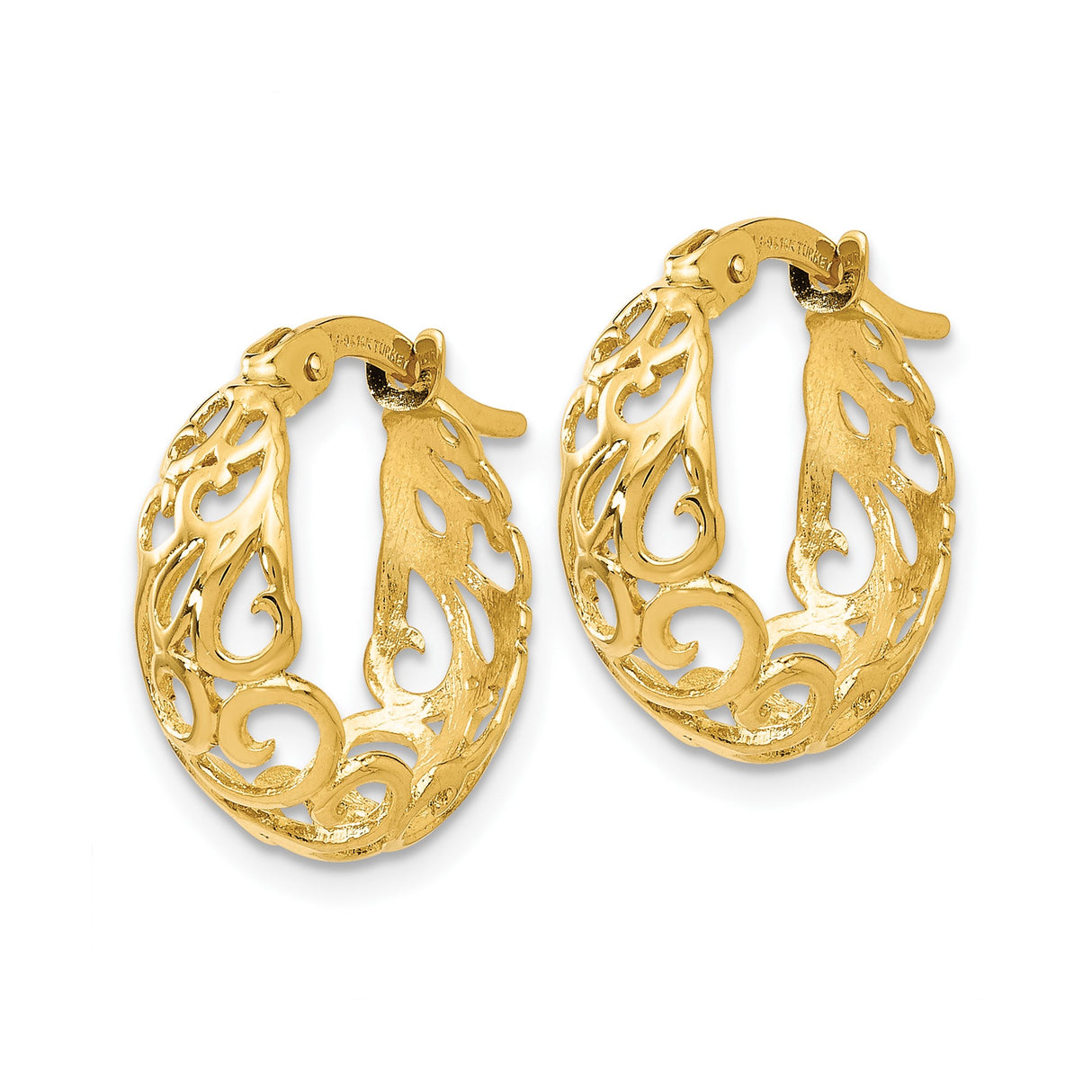 14k Yellow Gold Hoop Earrings with Openwork Swirl Filigree Scroll Design