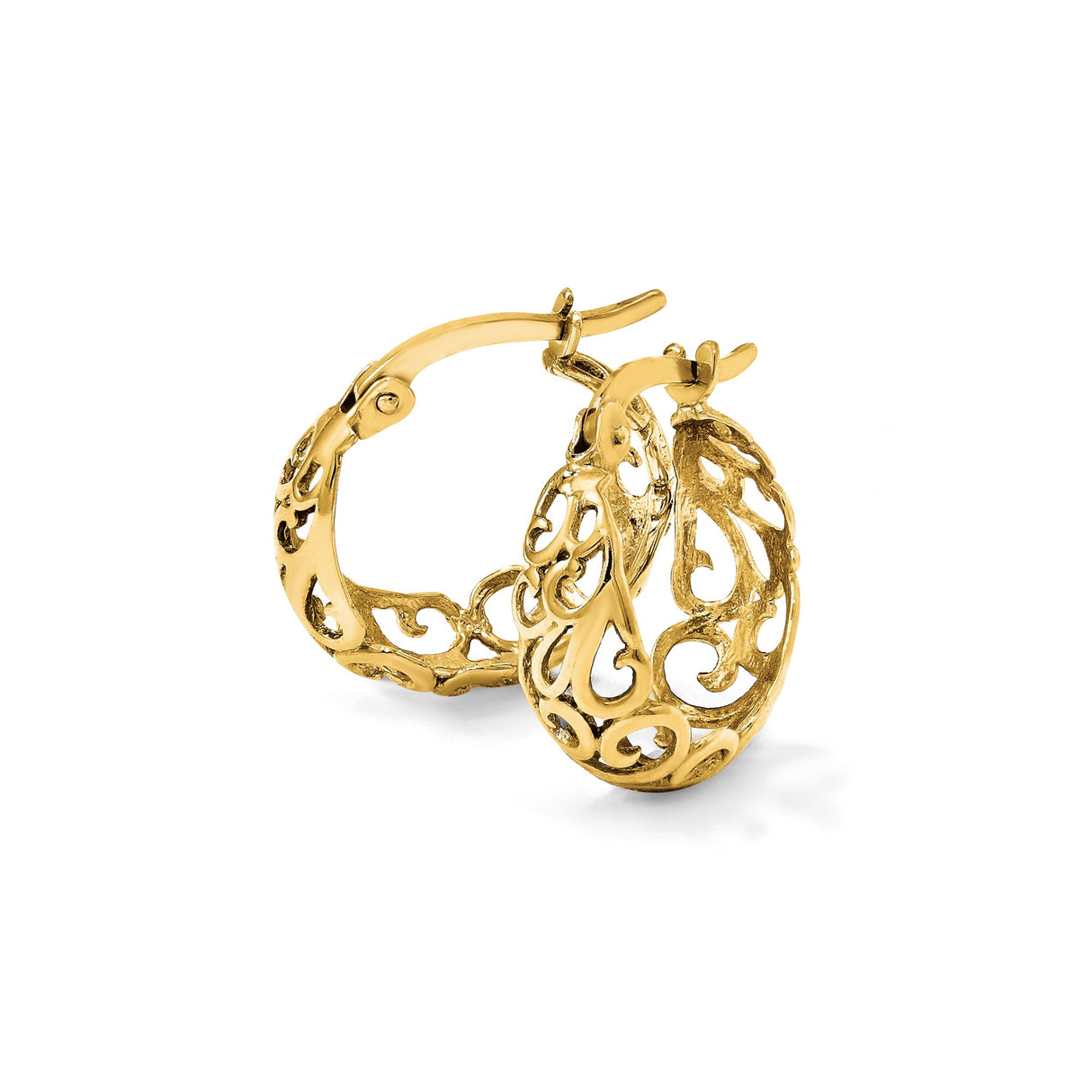 14k Yellow Gold Hoop Earrings with Openwork Swirl Filigree Scroll Design