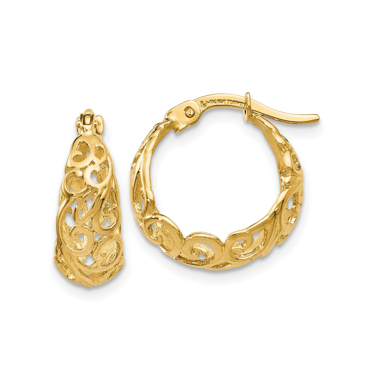 14k Yellow Gold Hoop Earrings with Openwork Swirl Filigree Scroll Design