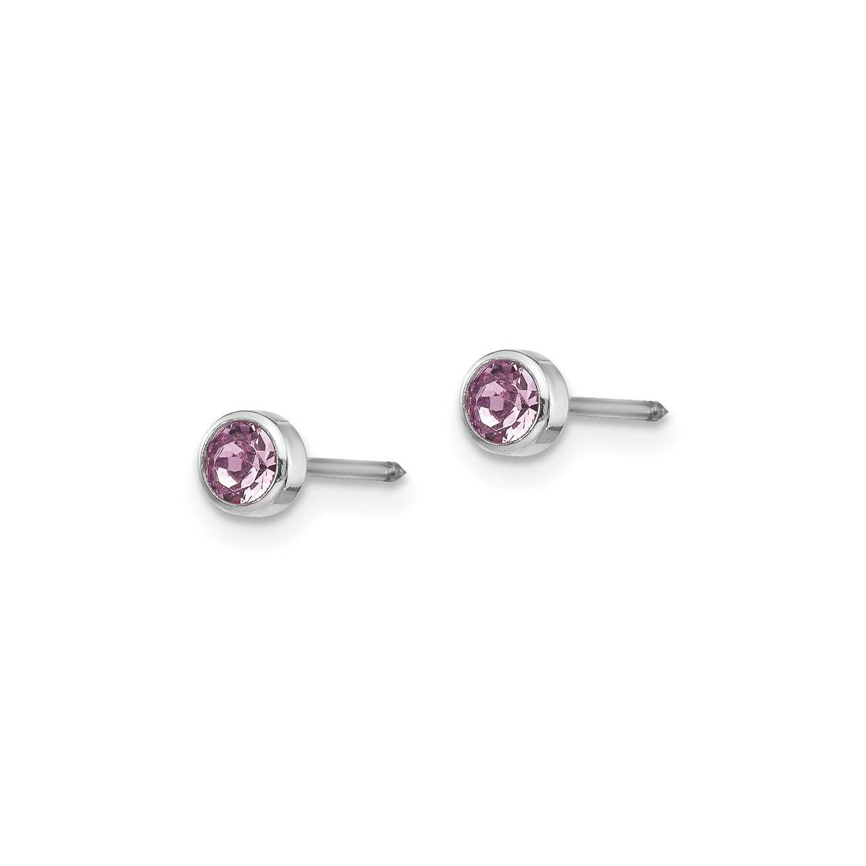 14k White Gold Stud Earrings with Round Pink Gemstone in Bezel Setting, Minimalist Design
