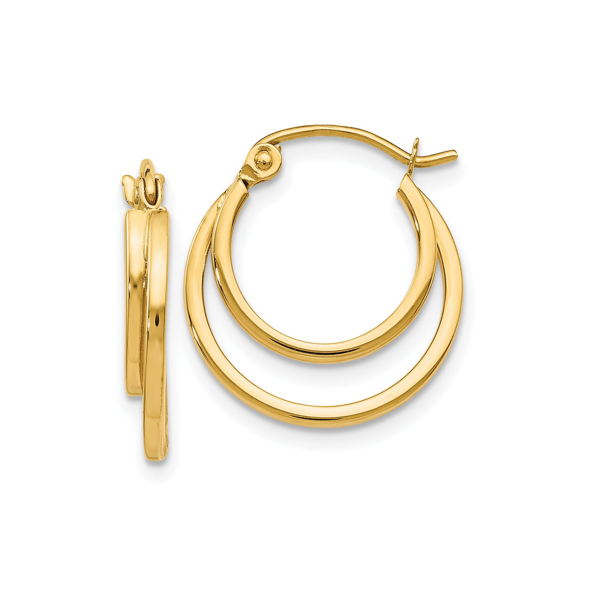14k Yellow Gold Double Hoop Earrings, Polished Finish, Classic Latch Back, Minimalist Design