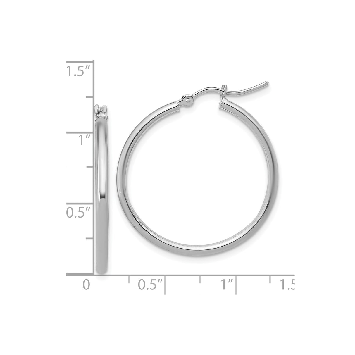 14k White Gold Hoop Earrings, Polished Finish with Latch Back Closure, Medium Round Hoops for Women