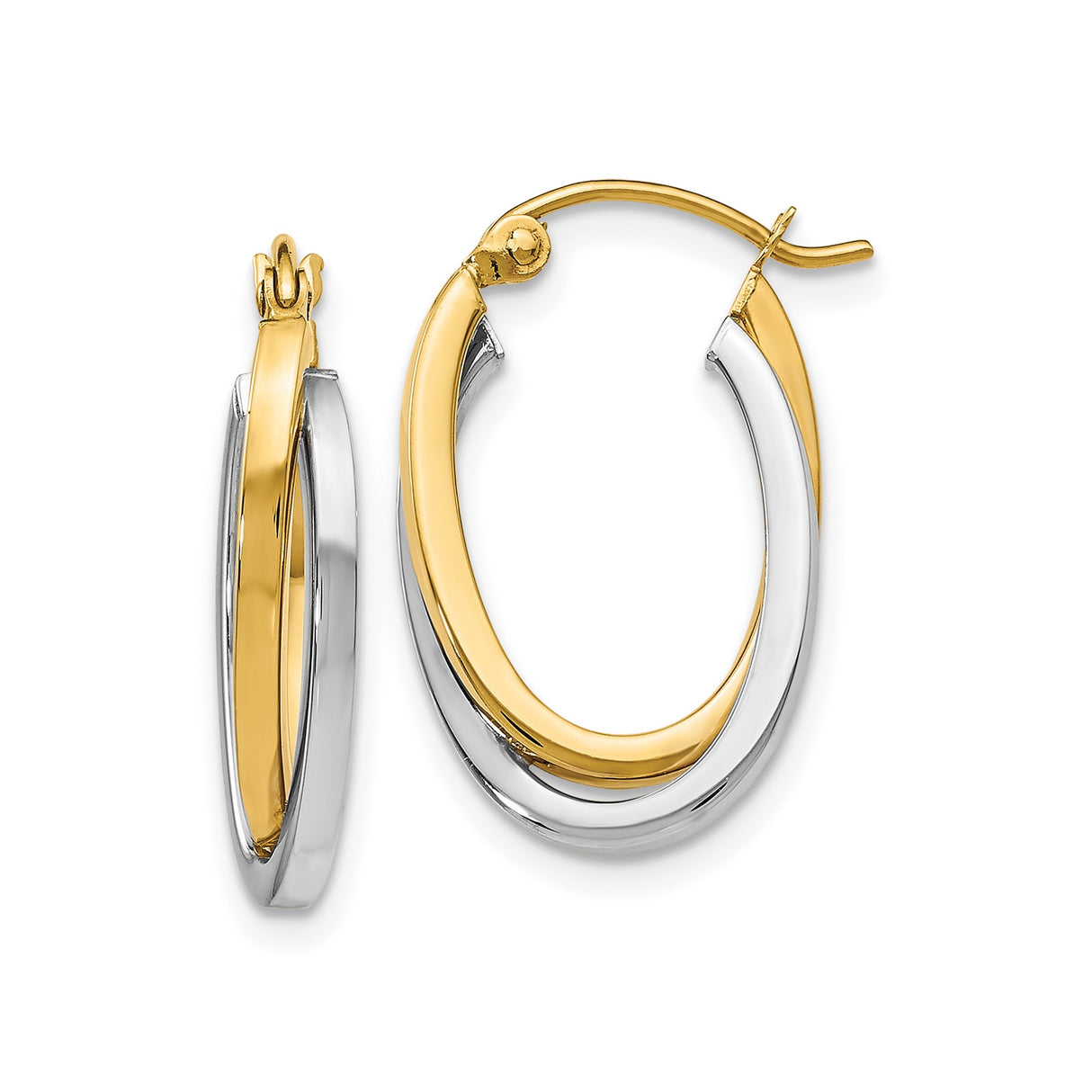 14k Two Tone Gold Oval Hoop Earrings with Twisted Polished Design for Women