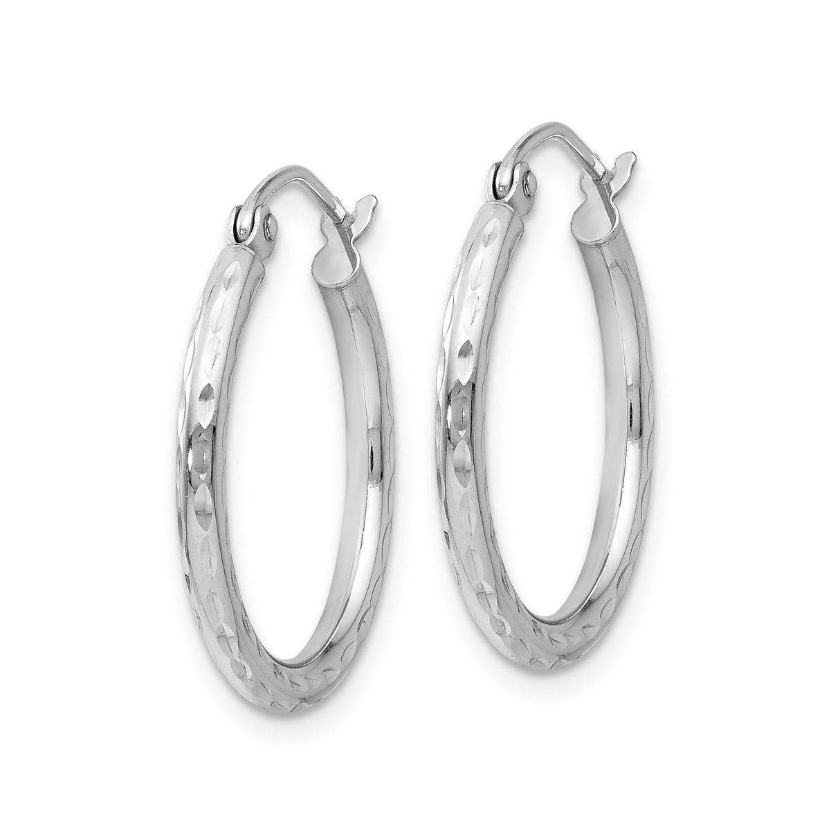 14k White Gold Hoop Earrings, Diamond Cut Textured Design, Polished Medium Size Hoops