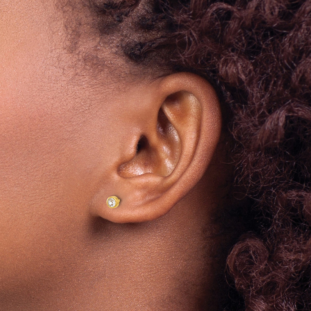 14k Yellow Gold Stud Earrings with Round Bezel Set Clear Crystal, Classic Minimalist Design