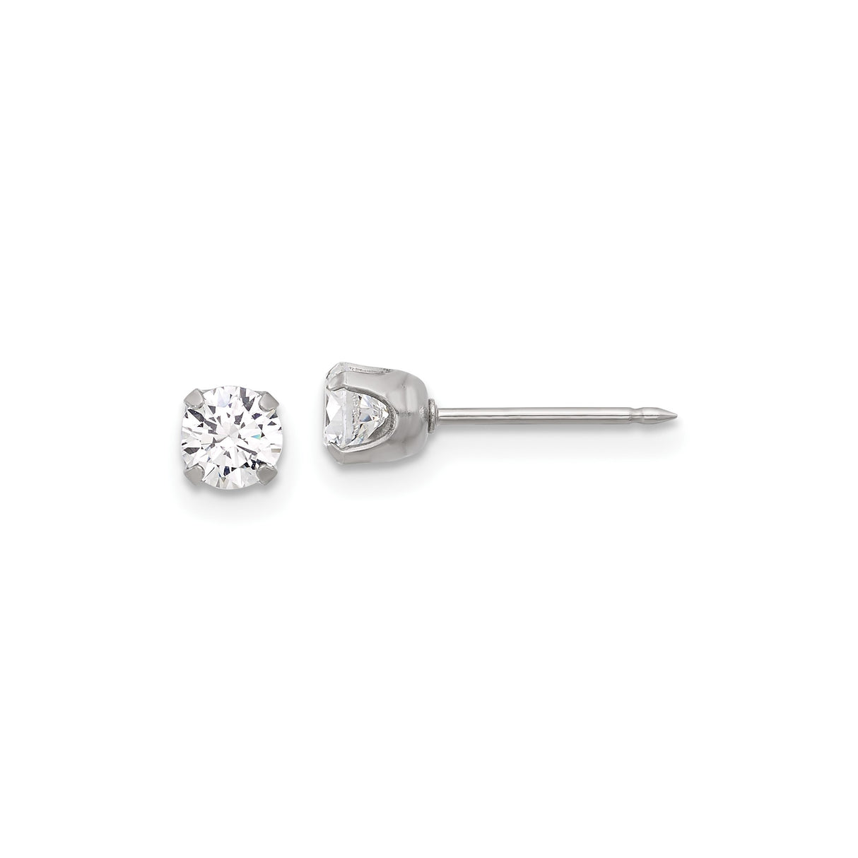 316 Stainless Steel Stud Earrings with 4mm Round Cubic Zirconia in 4-Prong Setting