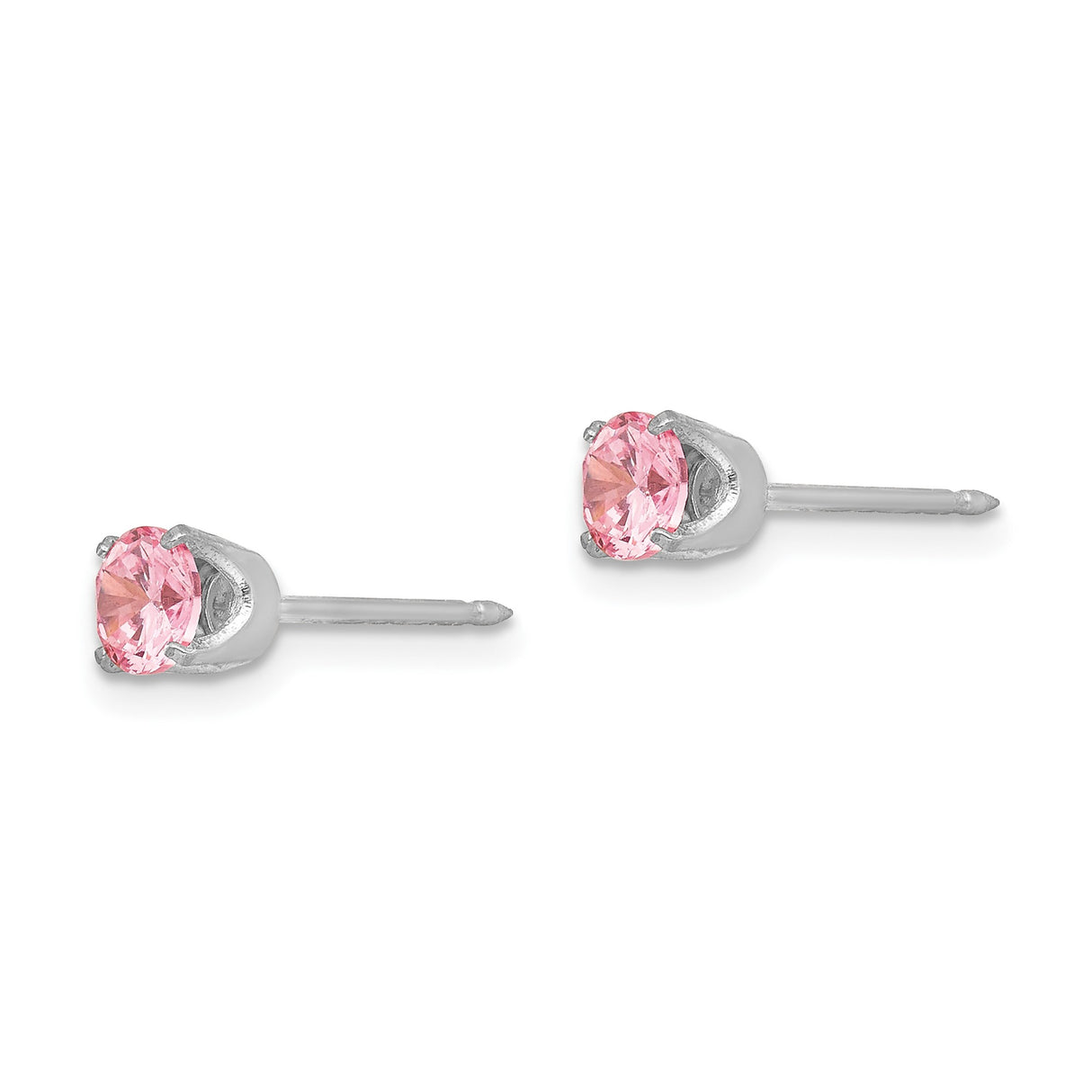 14k White Gold Stud Earrings with Round Pink Cubic Zirconia in Four Prong Setting