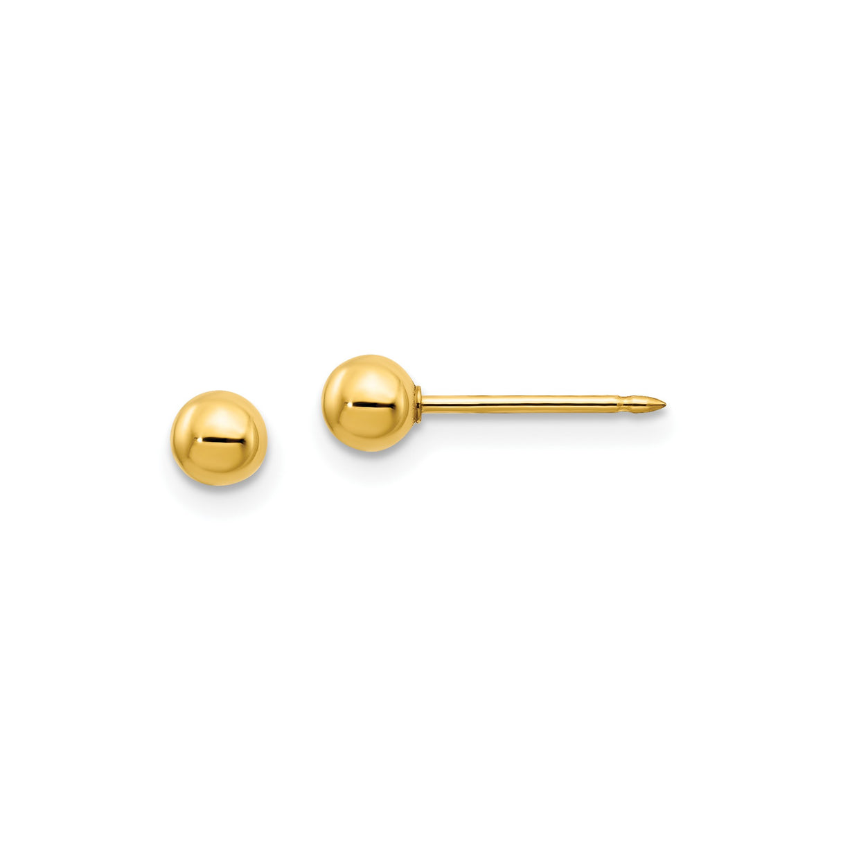 14k Yellow Gold Ball Stud Earrings, Polished Sphere Posts with Long Backs, Minimalist Design for Women