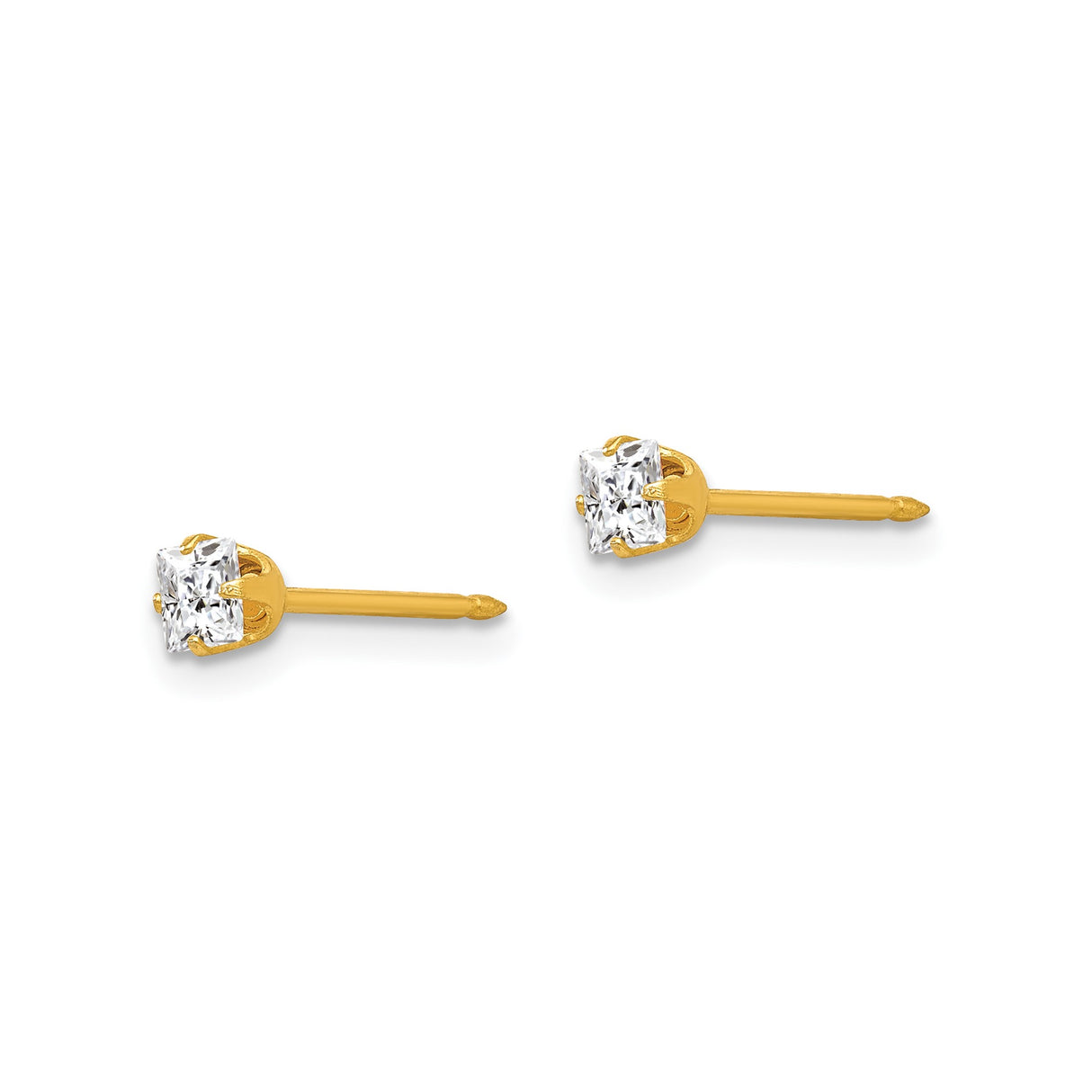 14k Yellow Gold Stud Earrings with Square Cut Cubic Zirconia, Solitaire Design for Women