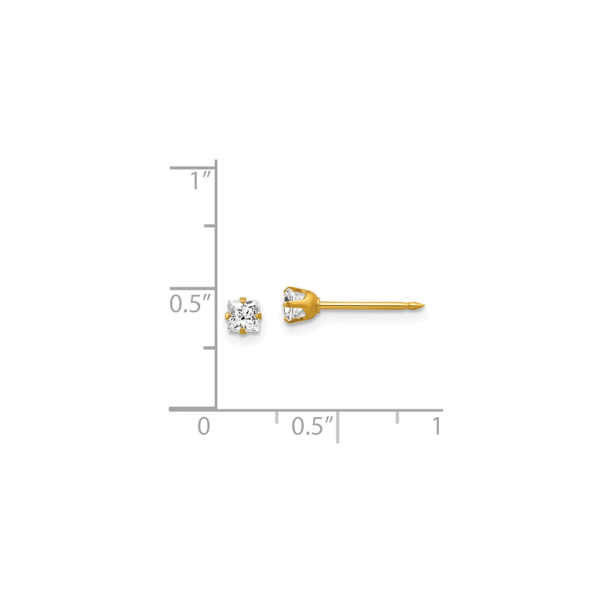 14k Yellow Gold Stud Earrings with Square Cut Cubic Zirconia, Solitaire Design for Women