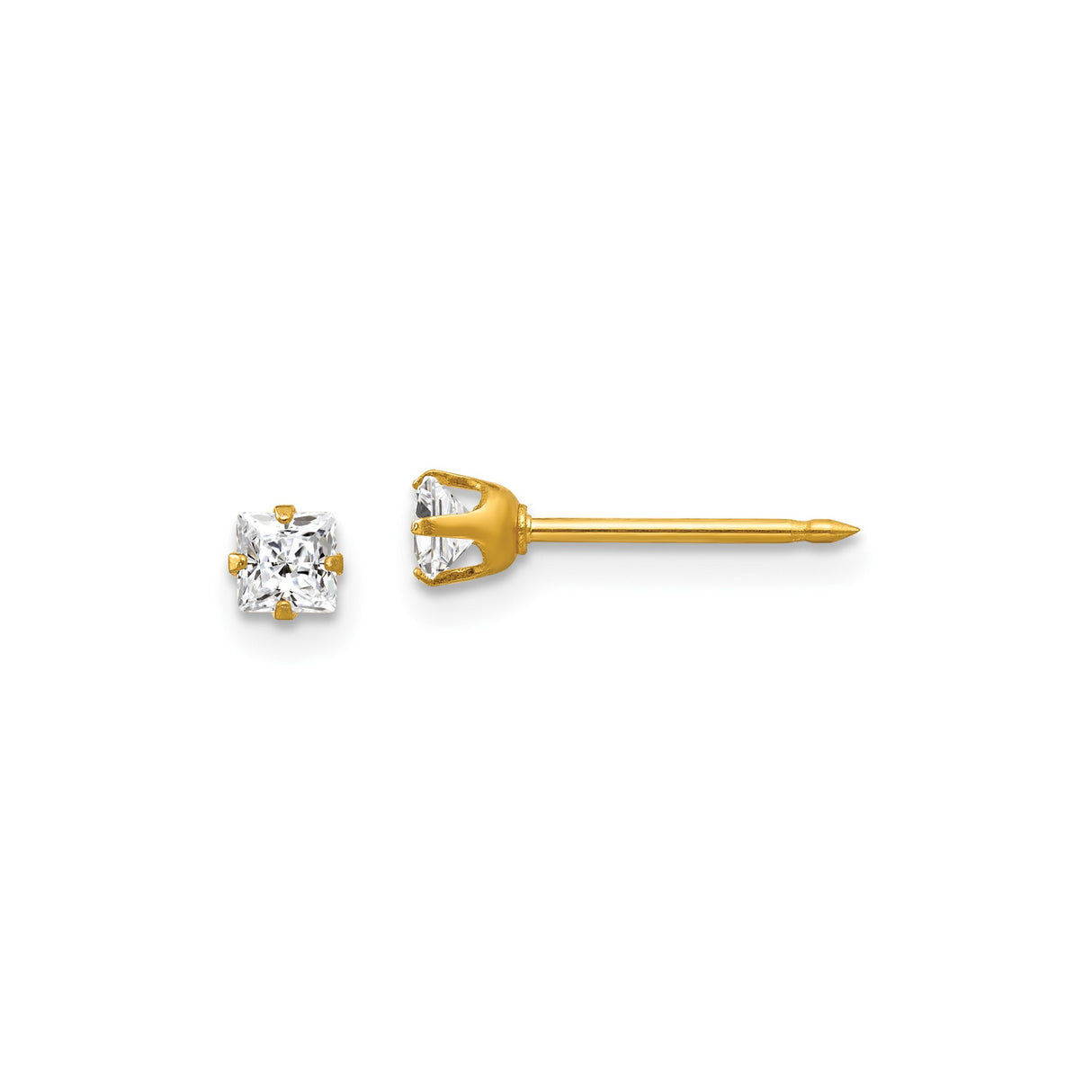 14k Yellow Gold Stud Earrings with Square Cut Cubic Zirconia, Solitaire Design for Women
