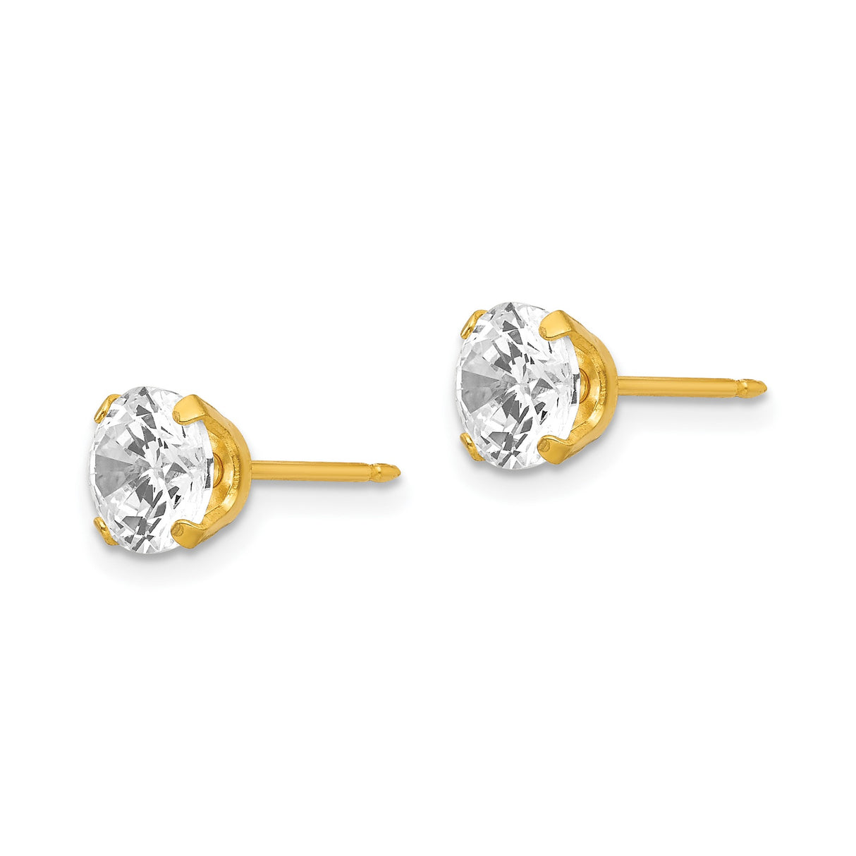 14k Yellow Gold Cubic Zirconia Stud Earrings, Round Solitaire, Four Prong Setting, High Polish Finish