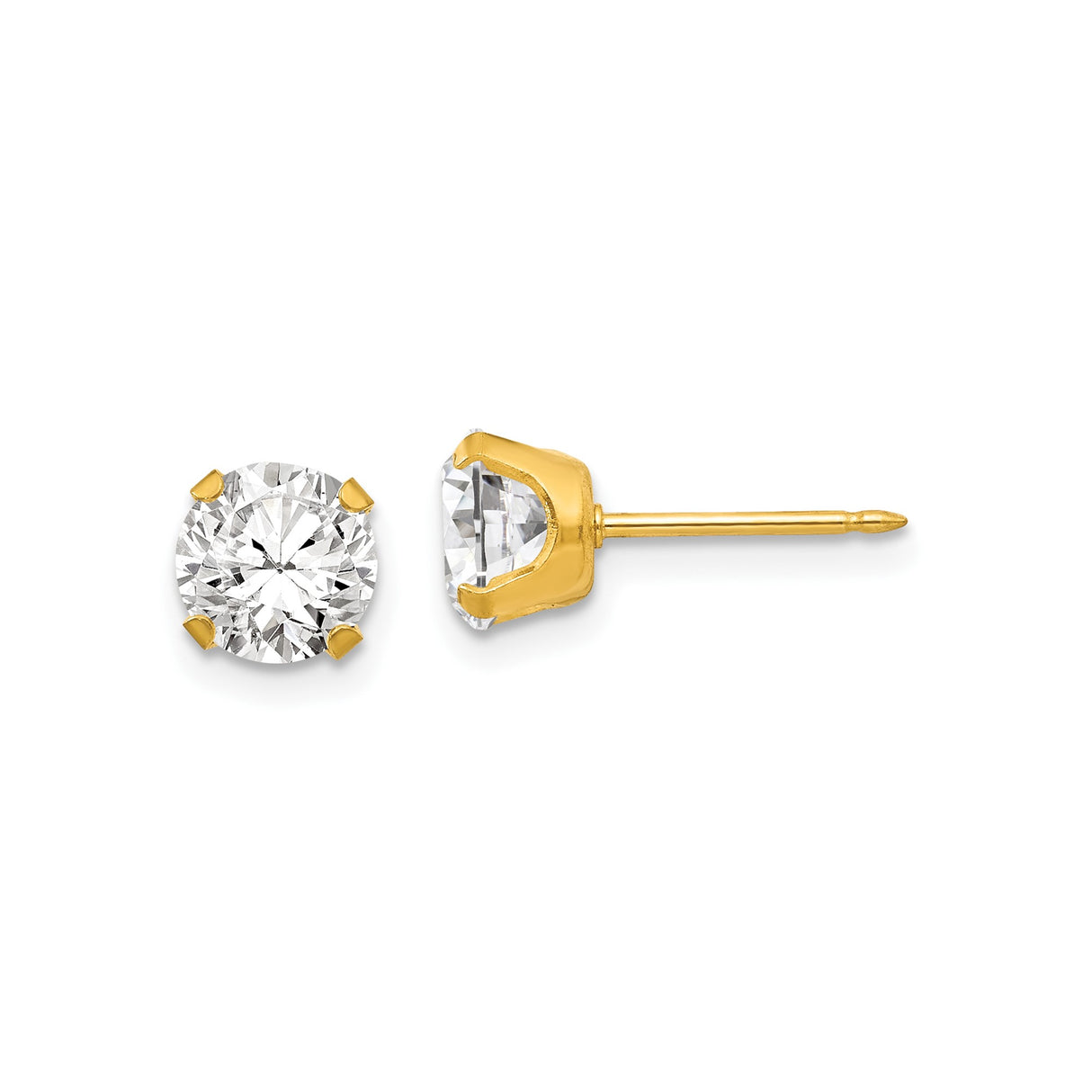14k Yellow Gold Cubic Zirconia Stud Earrings, Round Solitaire, Four Prong Setting, High Polish Finish