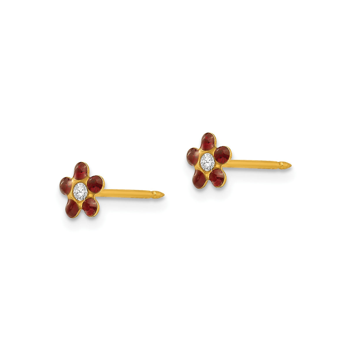 14k Yellow Gold Flower Stud Earrings with Red Enamel and Crystal Center Stone