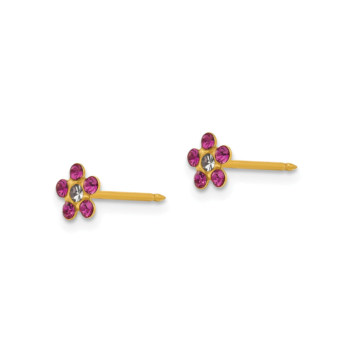 14k Yellow Gold Flower Stud Earrings with Pink and White Gemstones, Six Petal Design