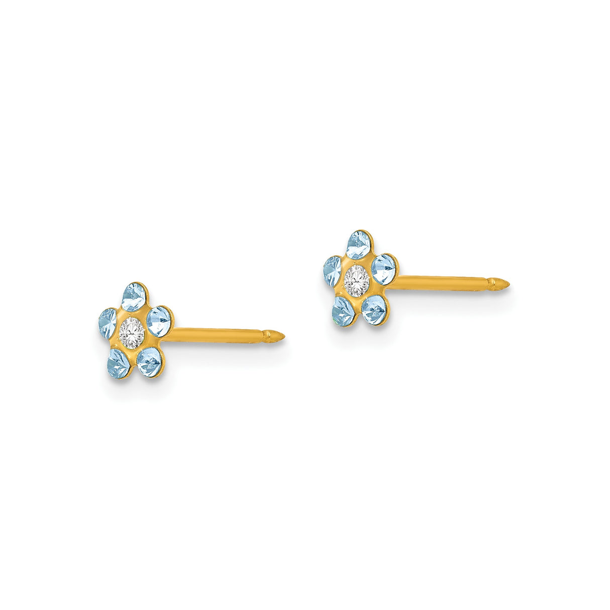 14k Yellow Gold Flower Stud Earrings with White Center Gemstone and Light Blue Stones