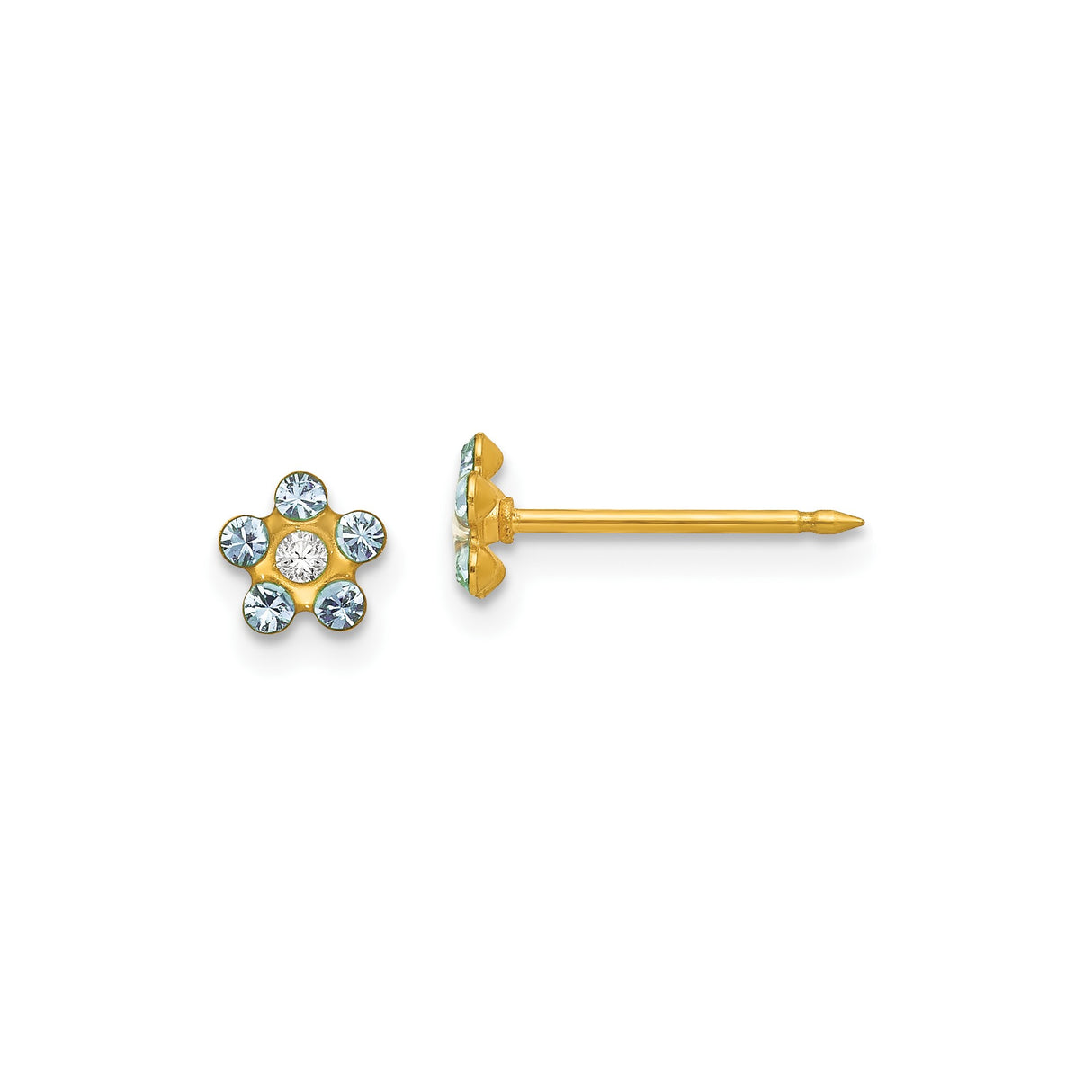 14k Yellow Gold Flower Stud Earrings with White Center Gemstone and Light Blue Stones